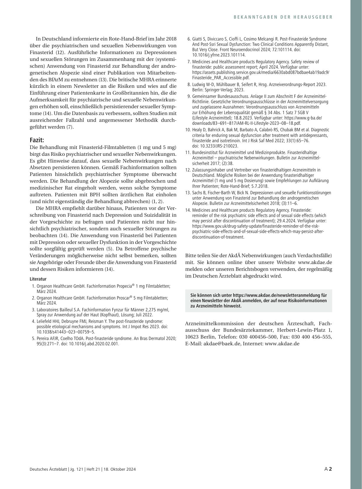 Vorschauseite 3: Arzneimittelkommission der deutschen Ärzteschaft: „UAW-News International“ Psychiatrische und sexuelle Nebenwirkungen von Finasterid