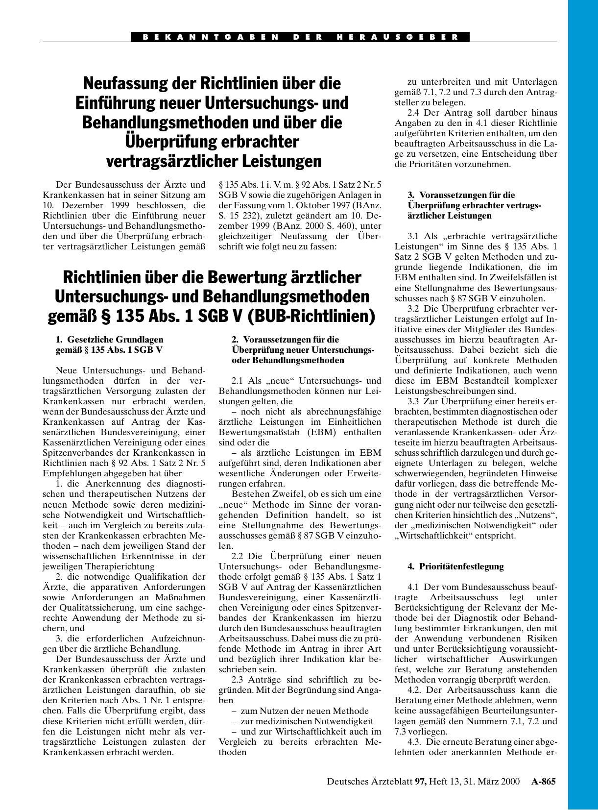 Vorschauseite 1: Richtlinien über die Bewertung ärztlicher Untersuchungsund Behandlungsmethoden gemäß § 135 Abs. 1 SGB V (BUB-Richtlinien)