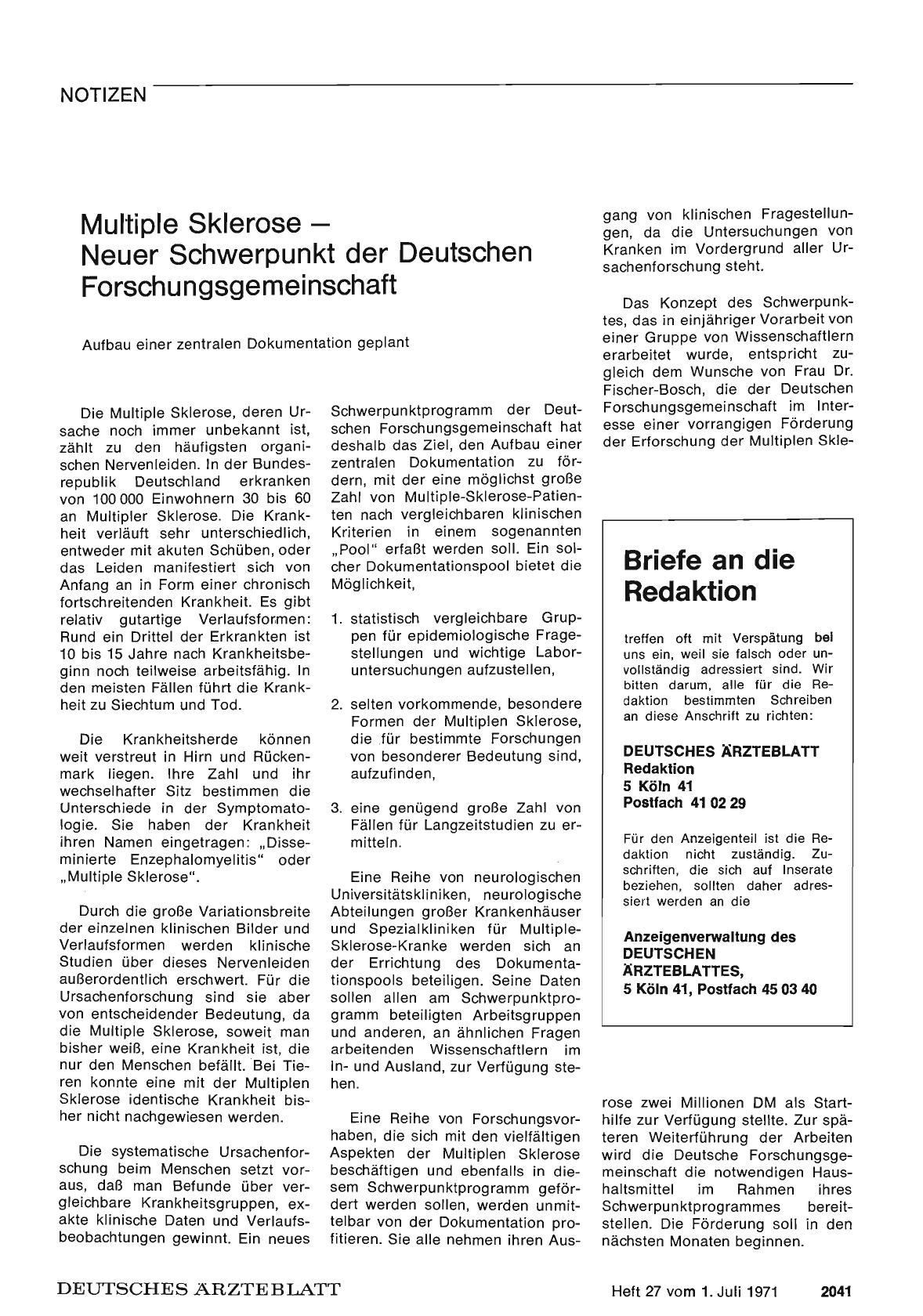 Vorschauseite 1: Multiple Sklerose — Neuer Schwerpunkt der Deutschen Forschungsgemeinschaft