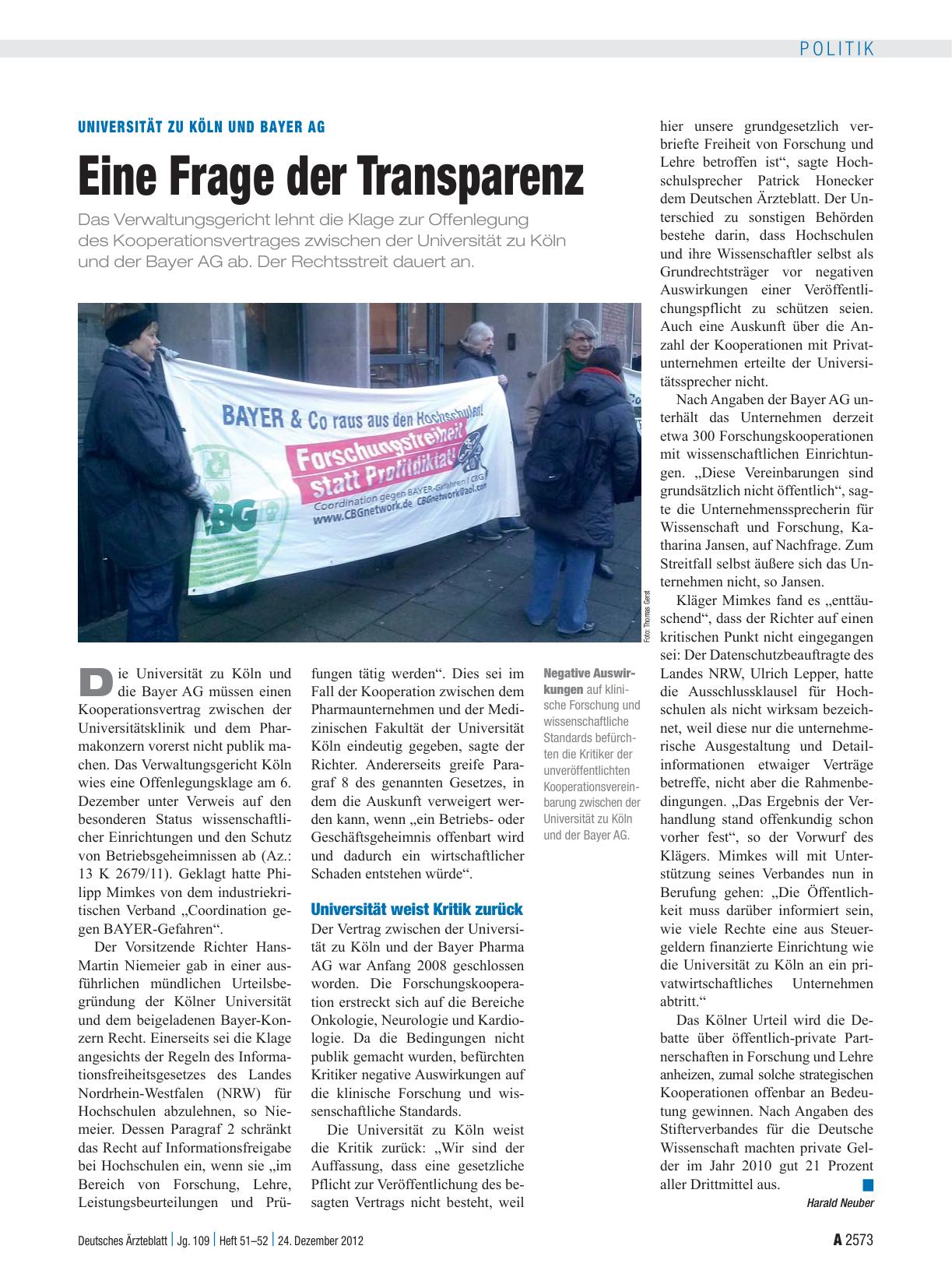 Vorschauseite 1: Universität zu Köln und Bayer AG: Eine Frage der Transparenz