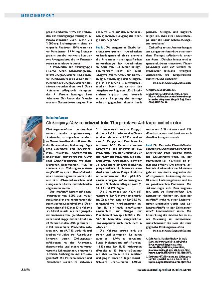 Vorschauseite 1: Reiseimpfungen: Chikungunya-Vakzine induziert hohe Titer protektiver Antikörper und ist sicher.