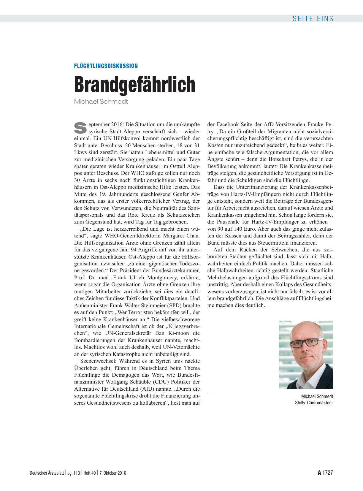 Vorschauseite 1: Flüchtlingsdiskussion: Brandgefährlich