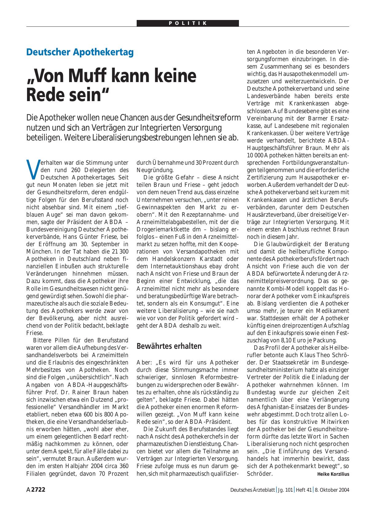 Vorschauseite 1: Deutscher Apothekertag: „Von Muff kann keine Rede sein“