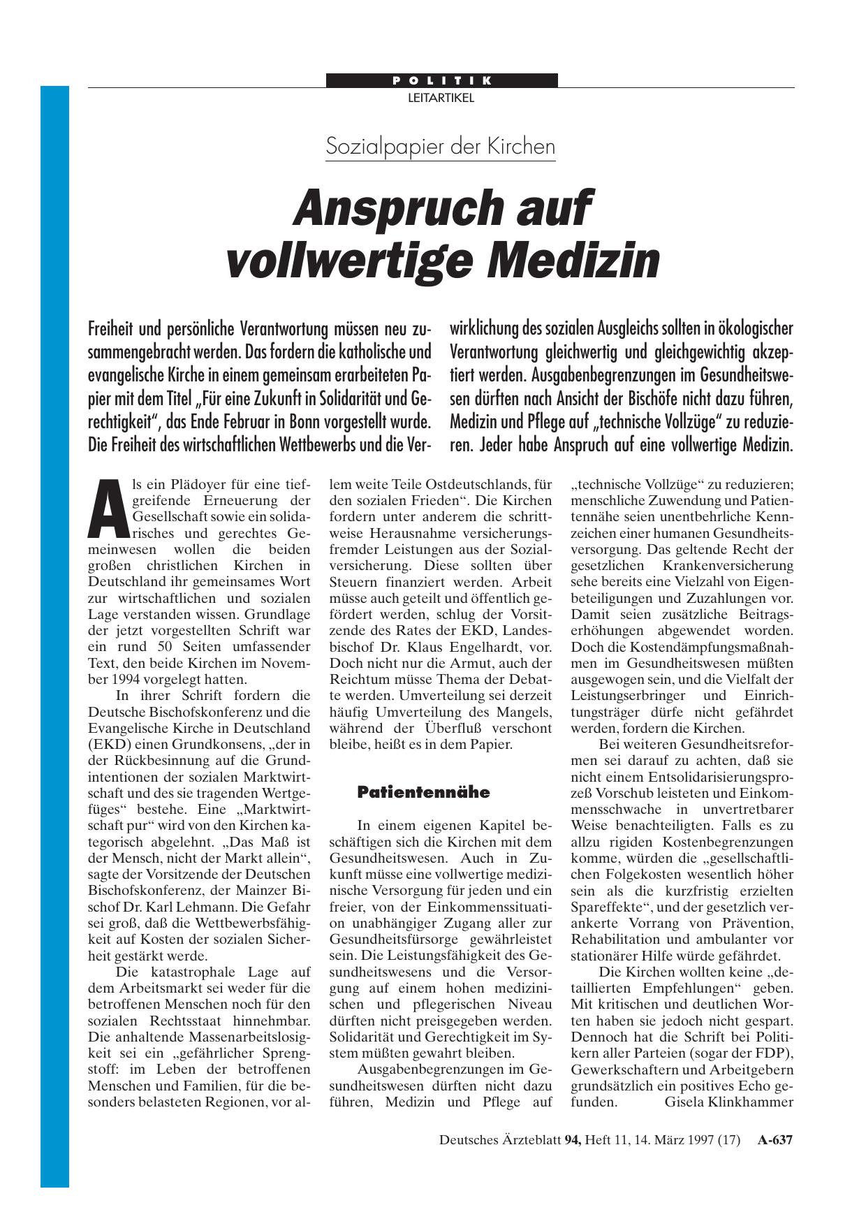 Vorschauseite 1: Sozialpapier der Kirchen: Anspruch auf vollwertige Medizin