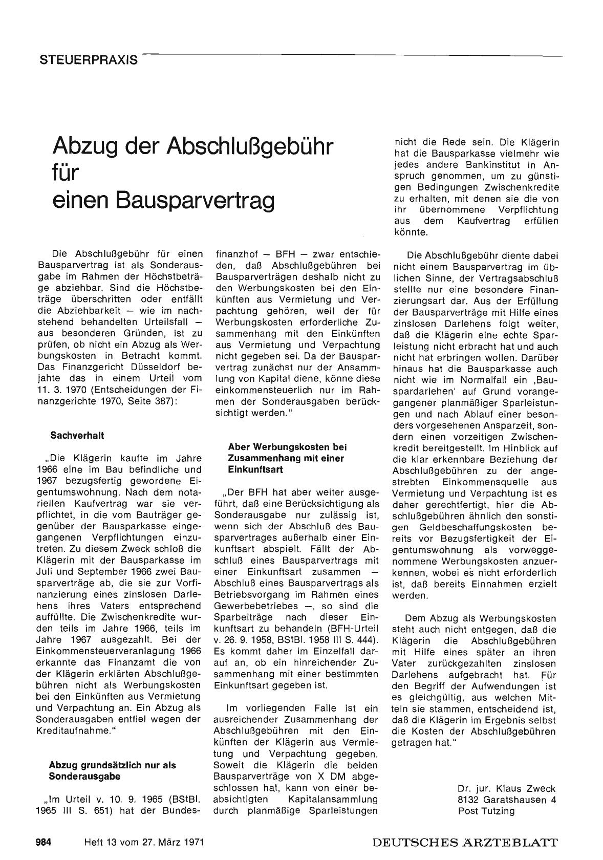 Vorschauseite 1: Abzug der Abschlußgebühr für einen Bausparvertrag