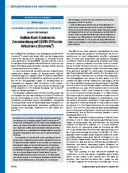 Vorschauseite 1: Arzneimittelkommission der deutschen Ärzteschaft: Aus der UAW-Datenbank Guillain-Barré-Syndrom im Zusammenhang mit COVID-19 Vaccine AstraZeneca (Vaxzevria ® )