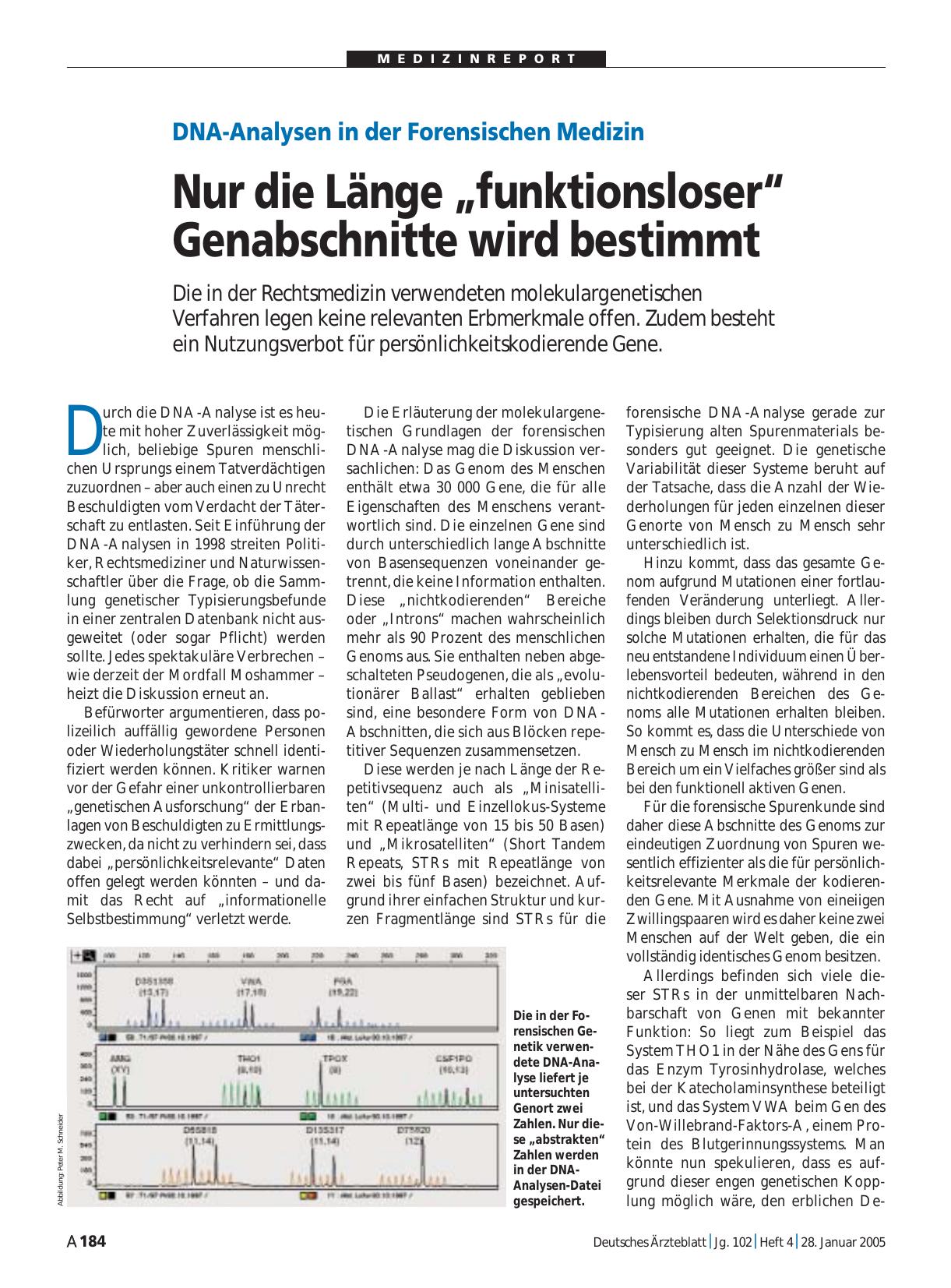 Vorschauseite 1: DNA-Analysen in der Forensischen Medizin: Nur die Länge „funktionsloser“ Genabschnitte wird bestimmt