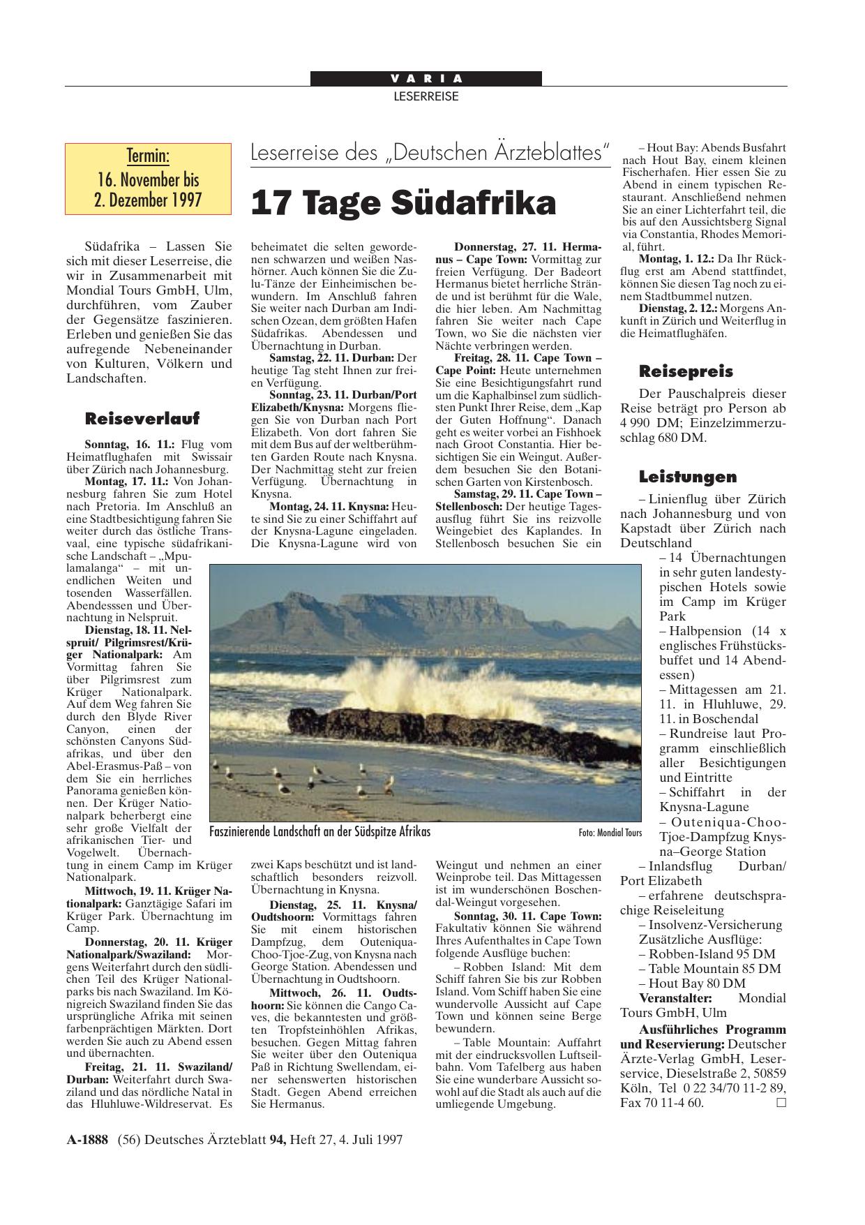 Vorschauseite 1: Leserreise des „Deutschen Ärzteblattes“: 17 Tage Südafrika