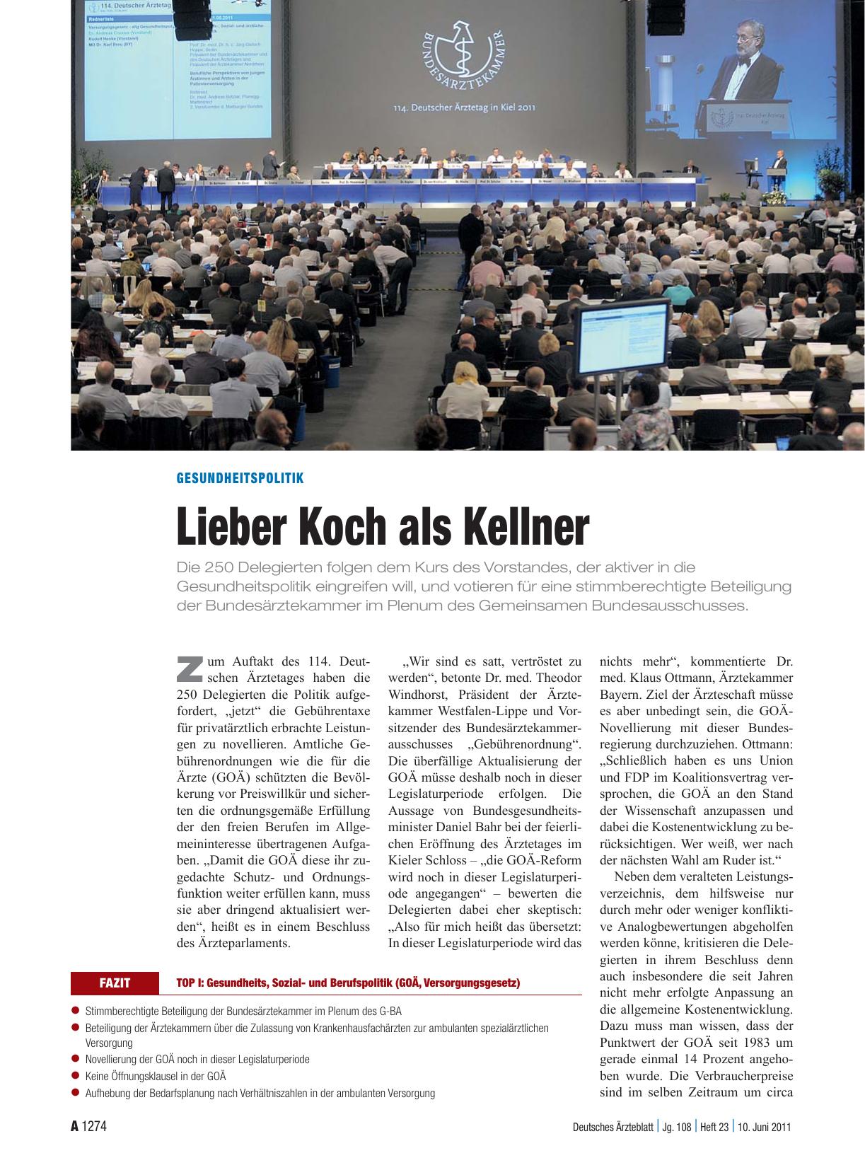 Vorschauseite 1: Gesundheitspolitik: Lieber Koch als Kellner