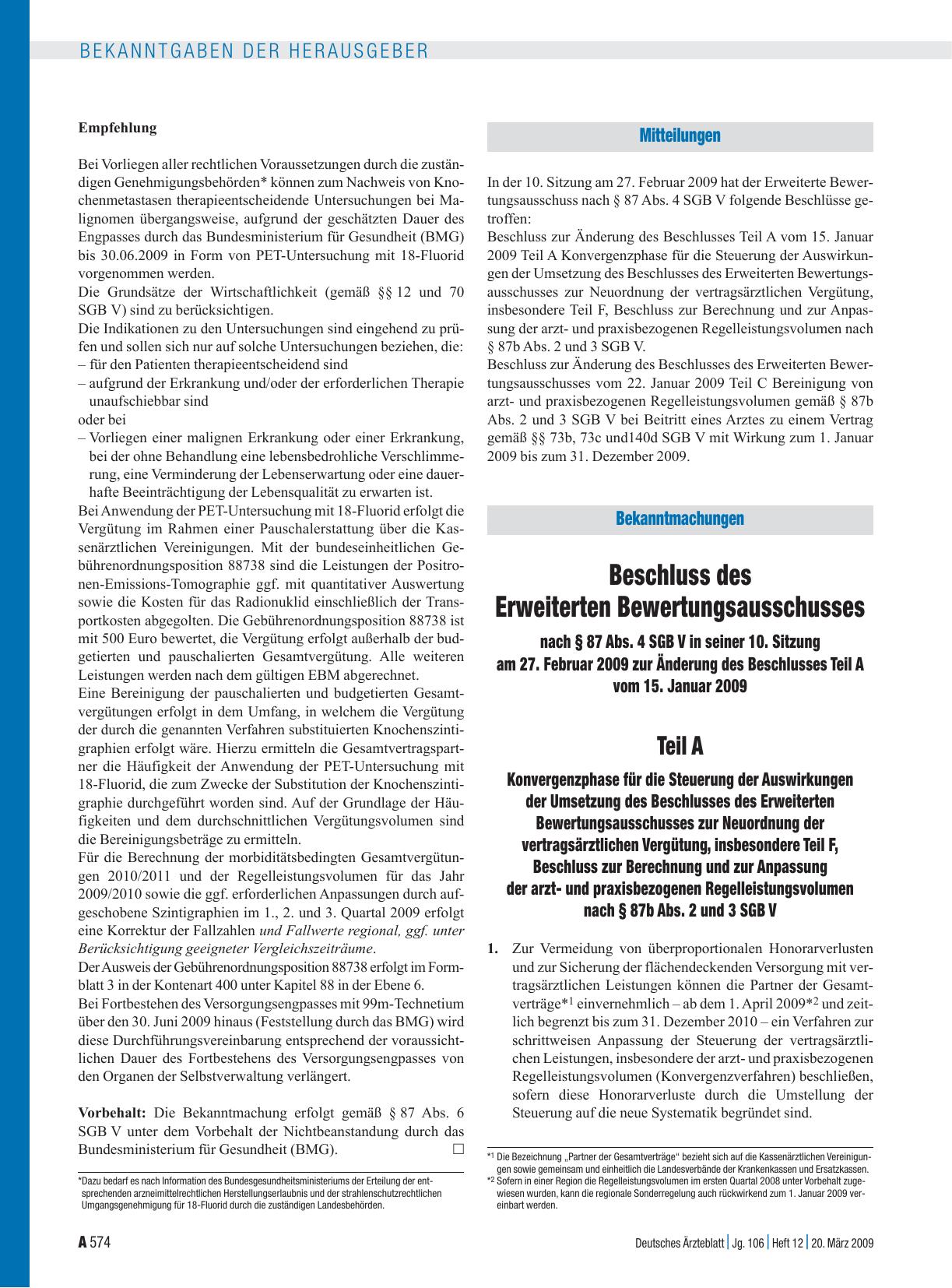 Vorschauseite 1: Bekanntmachungen: Beschluss des Erweiterten Bewertungsausschusses
