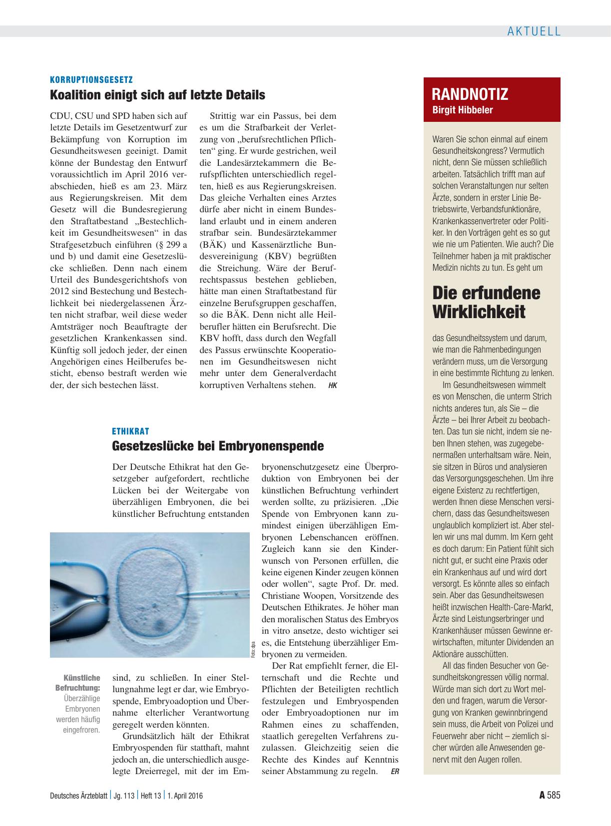 Vorschauseite 1: Ethikrat: Gesetzeslücke bei Embryonenspende