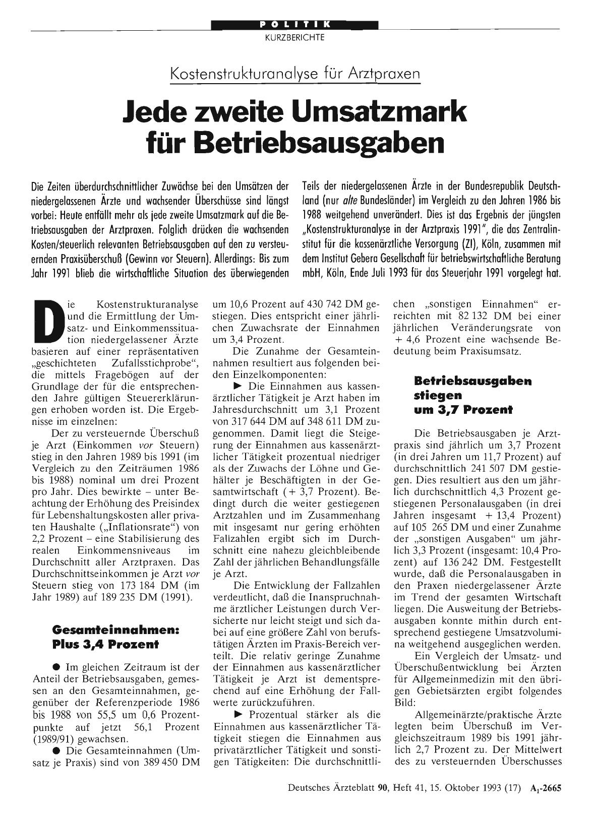 Vorschauseite 1: Kostenstrukturanalyse für Arztpraxen Jede zweite Umsatzmark für Betriebsausgaben