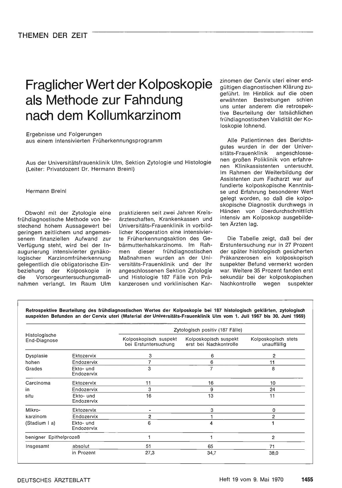Vorschauseite 1: Fraglicher Wert der Kolposkopie als Methode zur Fahndung nach dem Kollumkarzinom