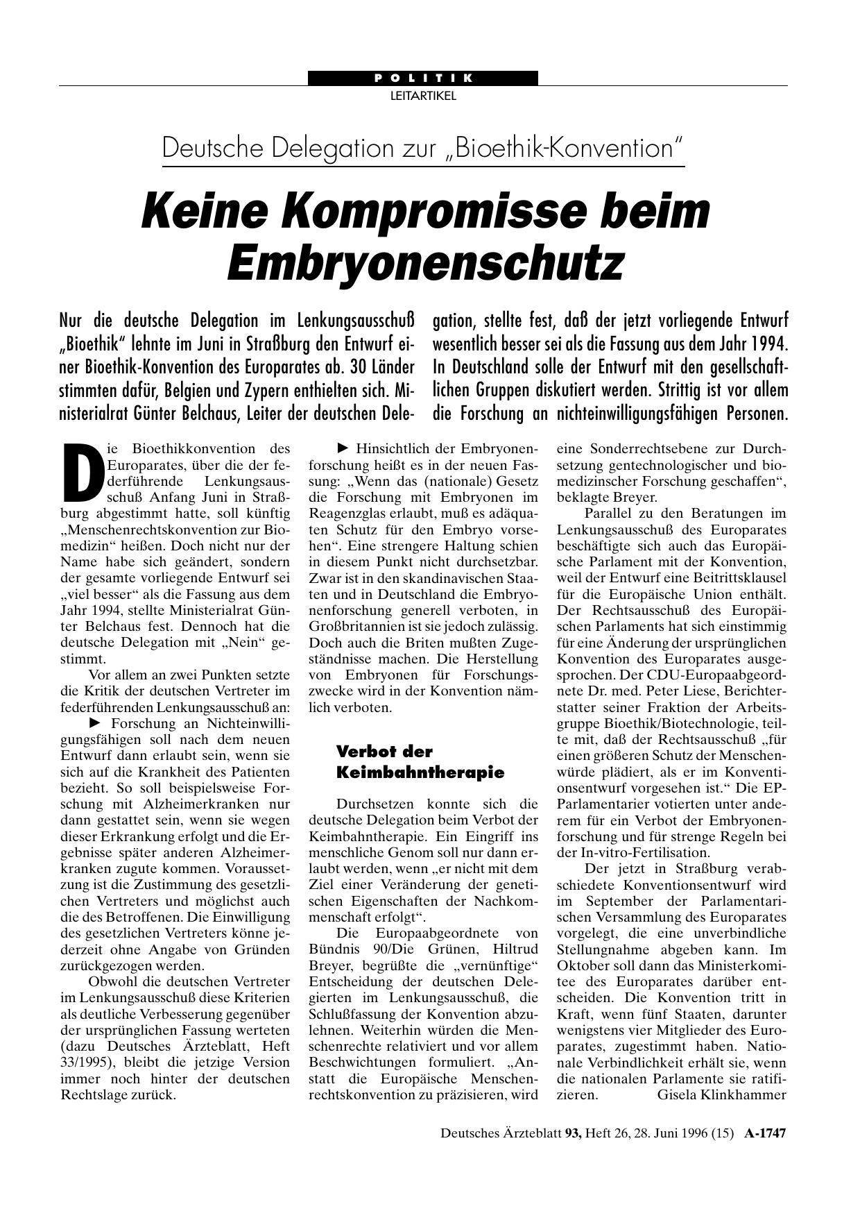 Vorschauseite 1: Deutsche Delegation zur „Bioethik-Konvention“: Keine Kompromisse beim Embryonenschutz