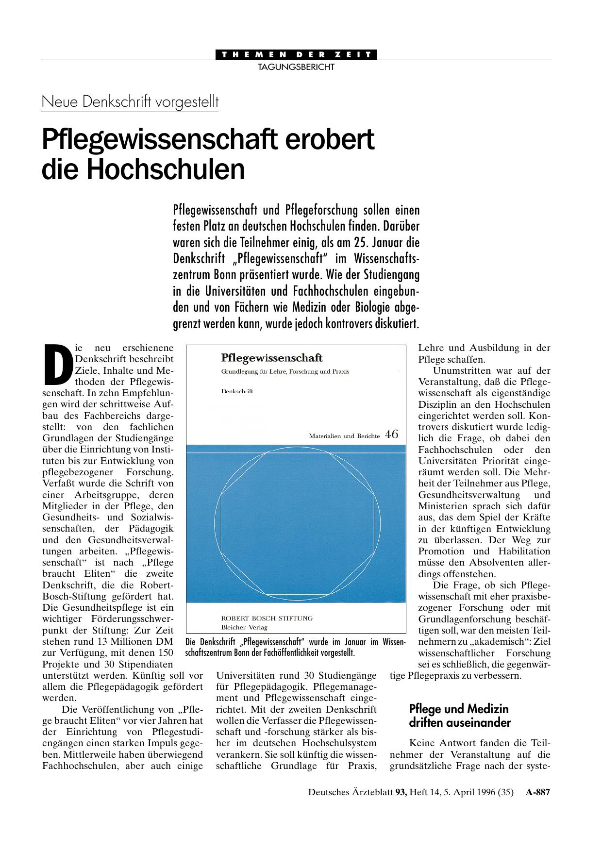 Vorschauseite 1: Neue Denkschrift vorgestellt: Pflegewissenschaft erobert die Hochschulen