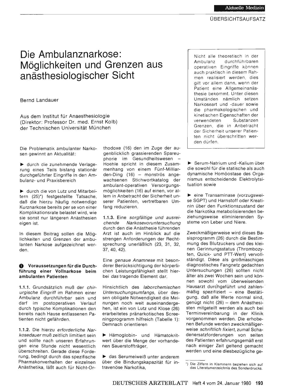 Vorschauseite 1: Die Ambulanznarkose: Möglichkeiten und Grenzen aus anästhesiologischer Sicht