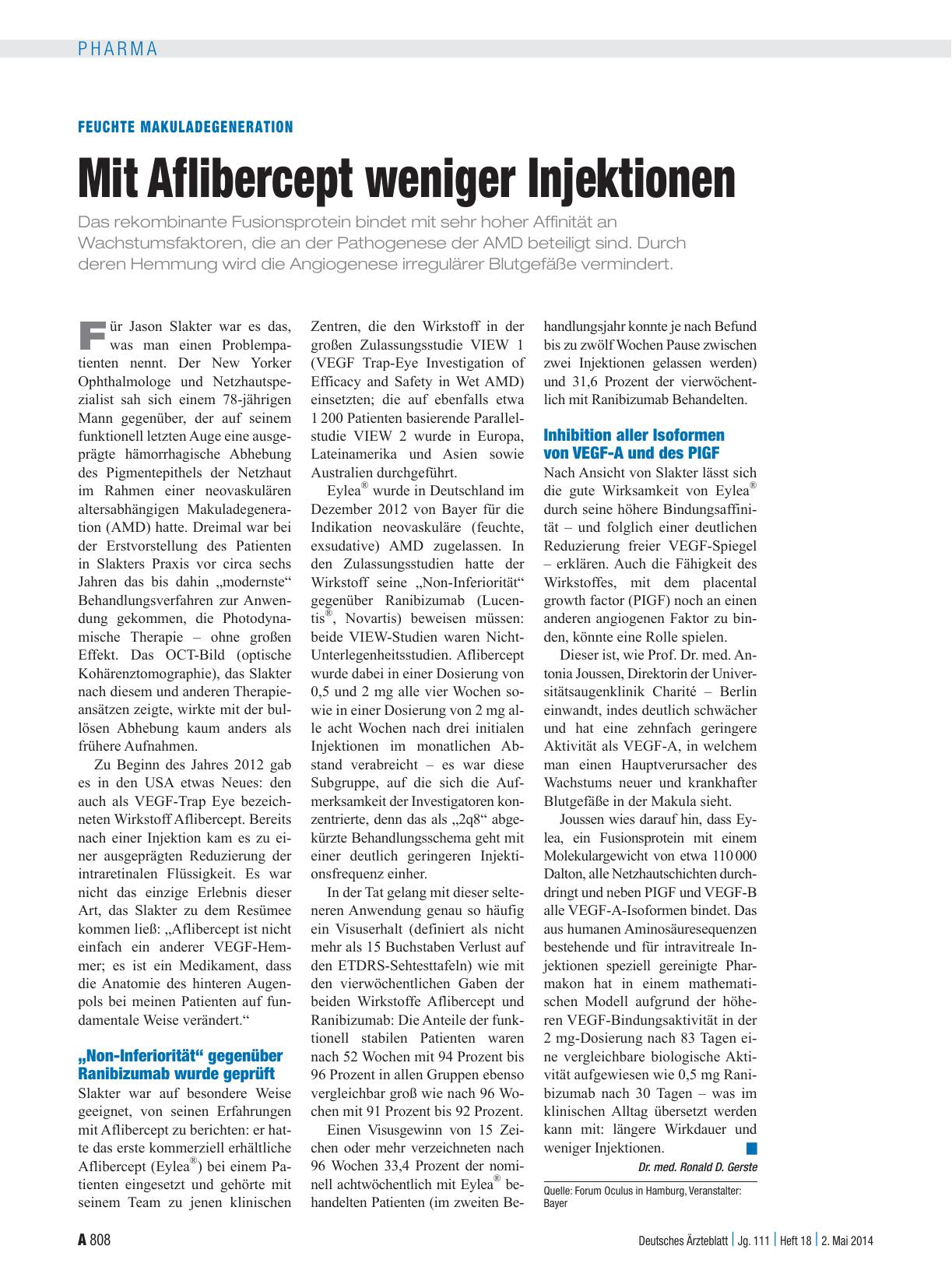 Vorschauseite 1: Feuchte Makuladegeneration: Mit Aflibercept weniger Injektionen