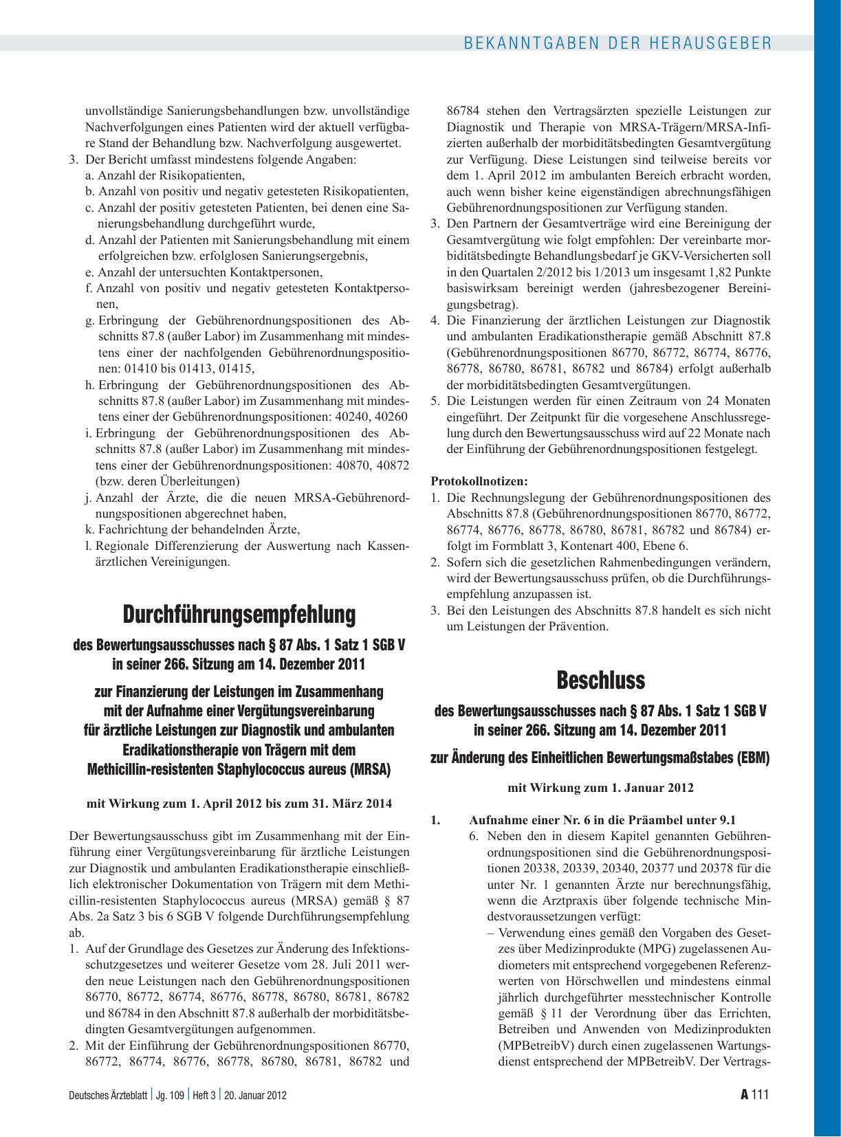 Vorschauseite 1: Beschluss des Bewertungsausschusses nach § 87 Abs. 1 Satz 1 SGB V in seiner 266. Sitzung am 14. Dezember 2011 zur Änderung des Einheitlichen Bewertungsmaßstabes (EBM)