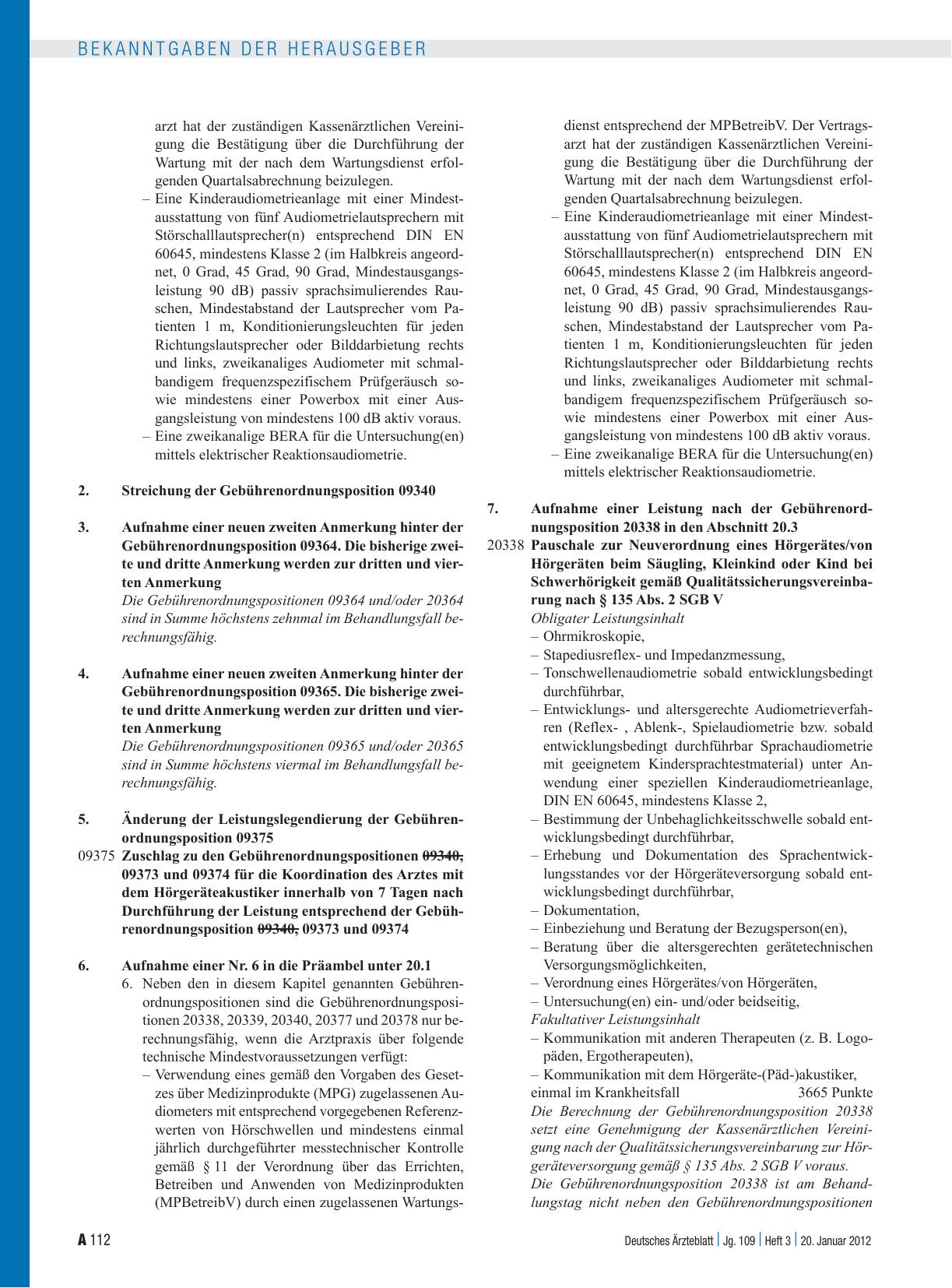 Vorschauseite 2: Beschluss des Bewertungsausschusses nach § 87 Abs. 1 Satz 1 SGB V in seiner 266. Sitzung am 14. Dezember 2011 zur Änderung des Einheitlichen Bewertungsmaßstabes (EBM)