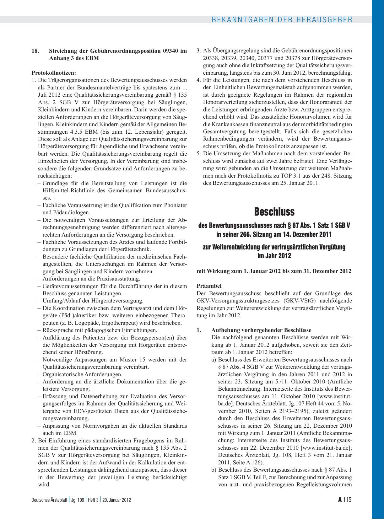 Vorschauseite 5: Beschluss des Bewertungsausschusses nach § 87 Abs. 1 Satz 1 SGB V in seiner 266. Sitzung am 14. Dezember 2011 zur Änderung des Einheitlichen Bewertungsmaßstabes (EBM)