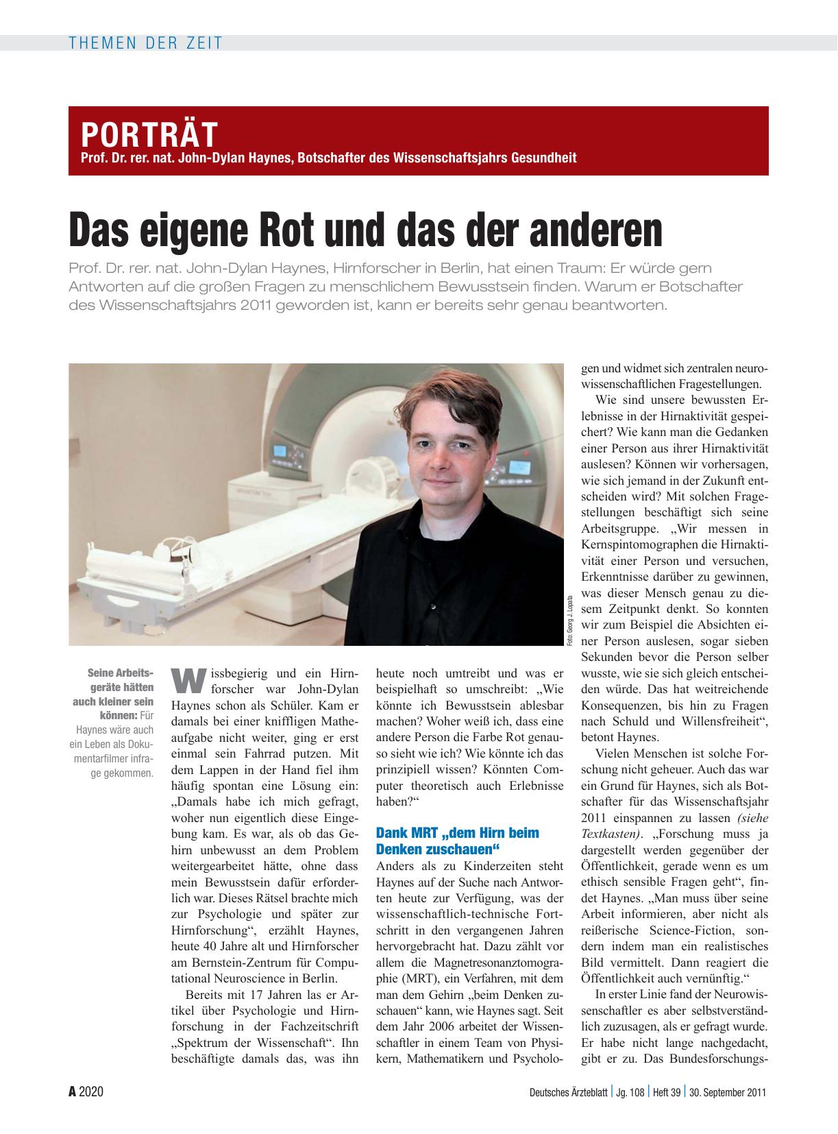 Vorschauseite 1: Prof. Dr. rer. nat. John-Dylan Haynes, Botschafter des Wissenschaftsjahrs Gesundheit: Das eigene Rot und das der anderen