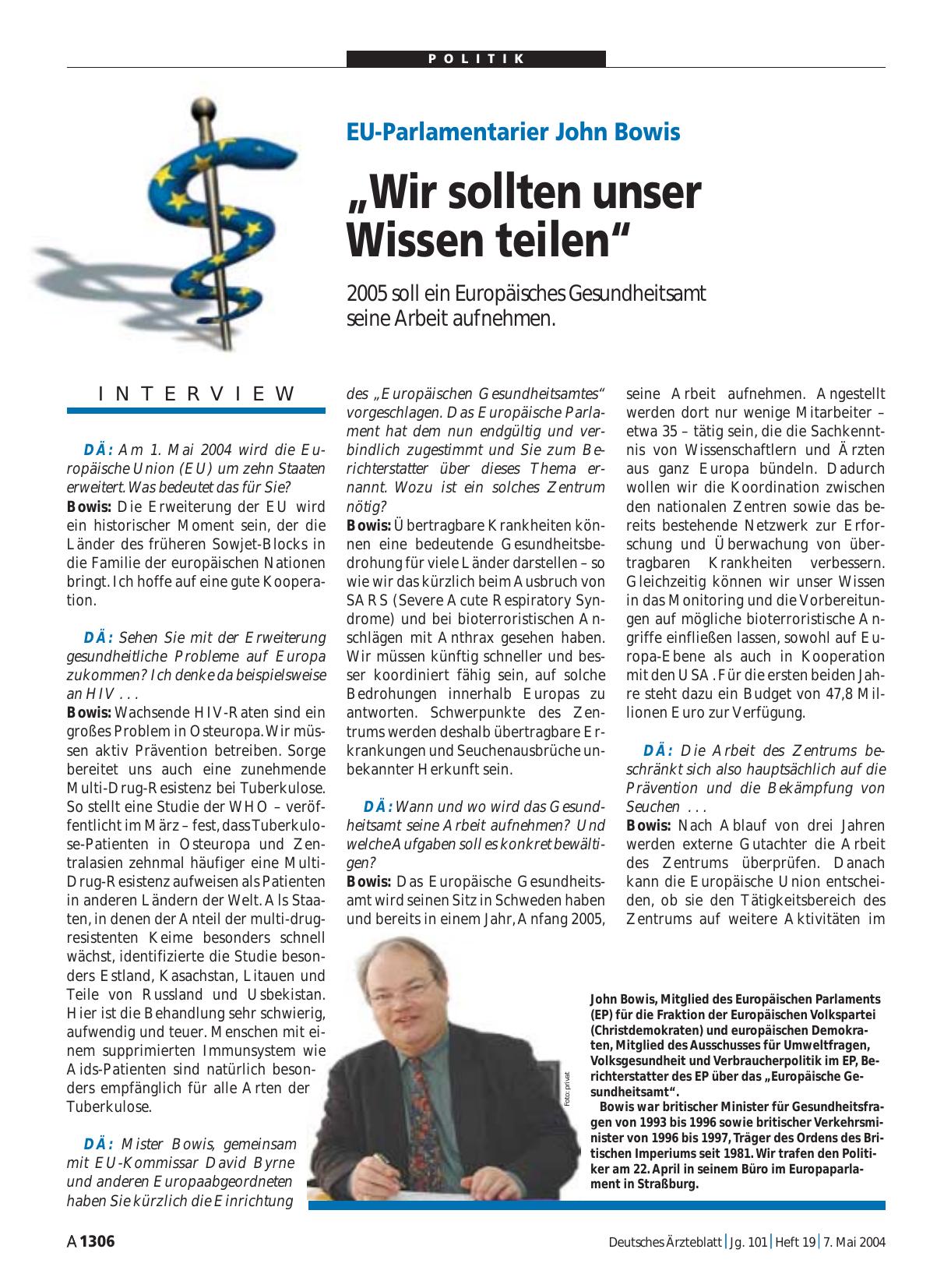 Vorschauseite 1: EU-Parlamentarier John Bowis: „Wir sollten unser Wissen teilen“