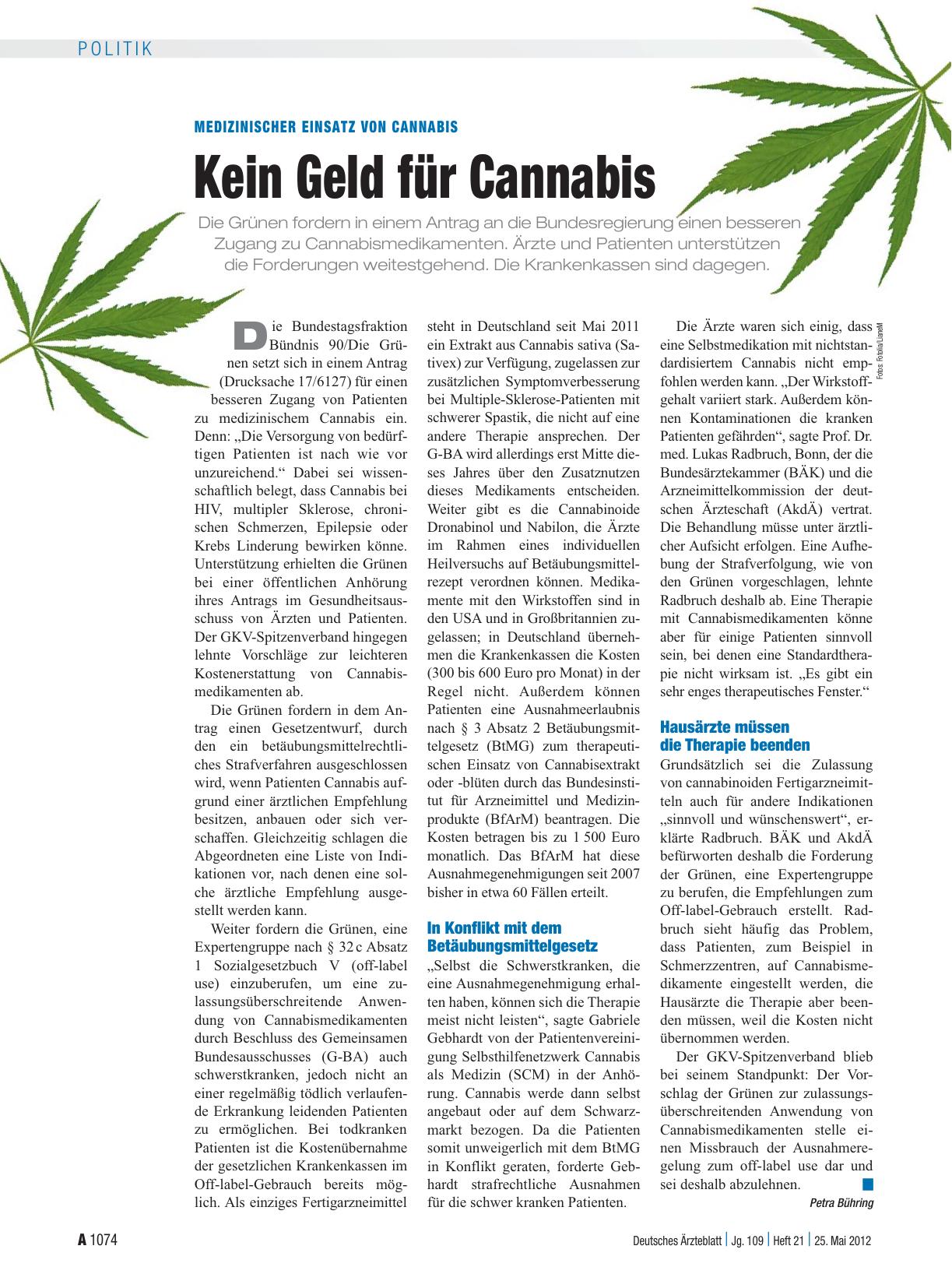 Vorschauseite 1: Medizinischer Einsatz von Cannabis: Kein Geld für Cannabis