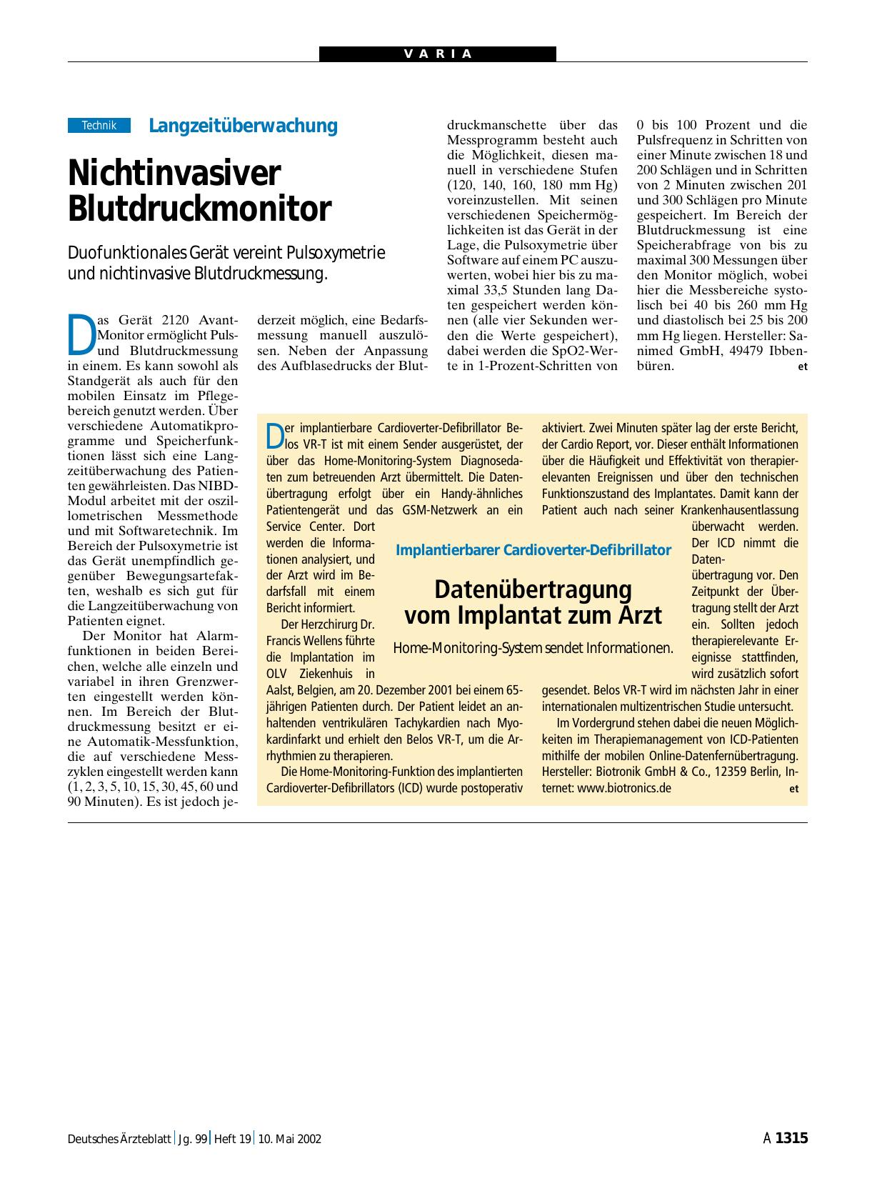 Vorschauseite 1: Implantierbarer Cardioverter-Defibrillator: Datenübertragung vom Implantat zum Arzt