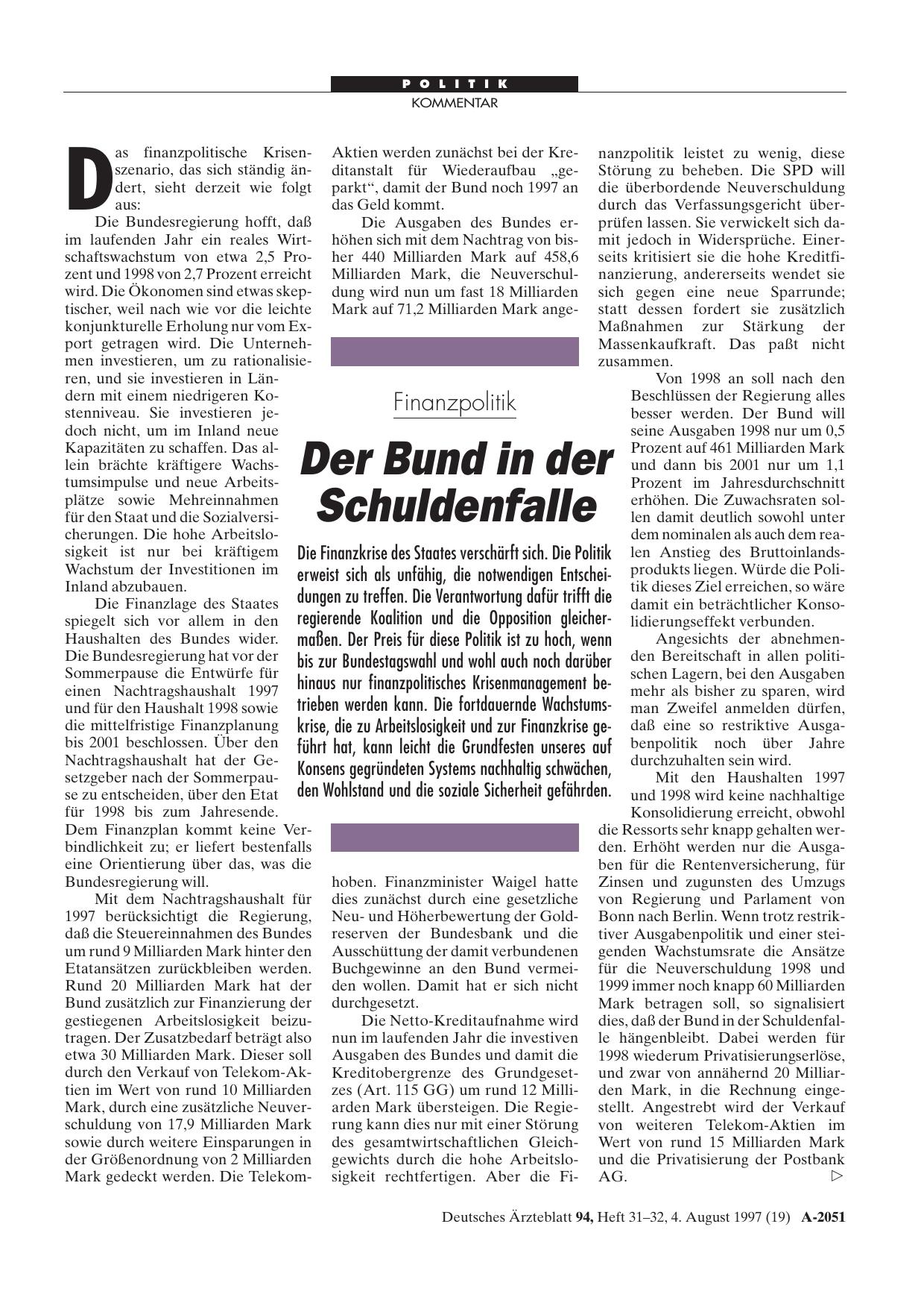 Vorschauseite 1: Finanzpolitik: Der Bund in der Schuldenfalle