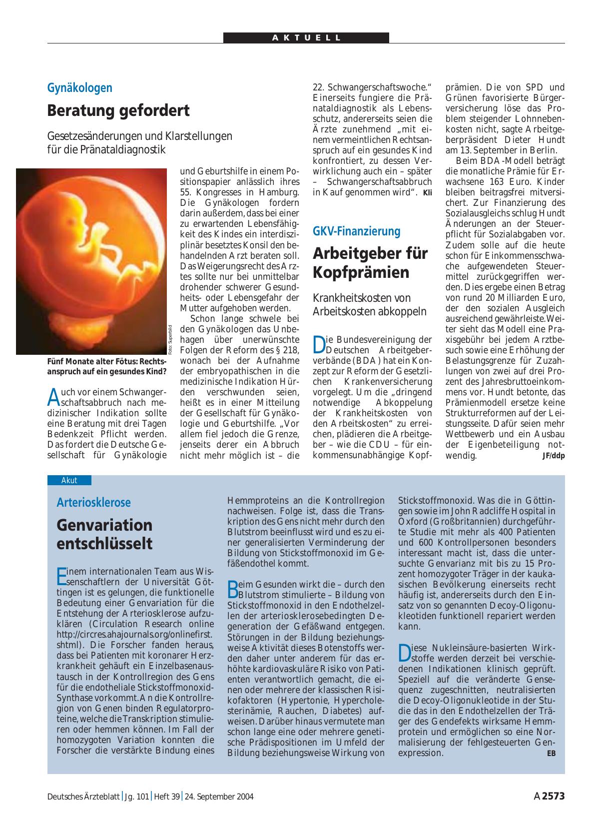 Vorschauseite 1: Gynäkologen: Beratung gefordert
