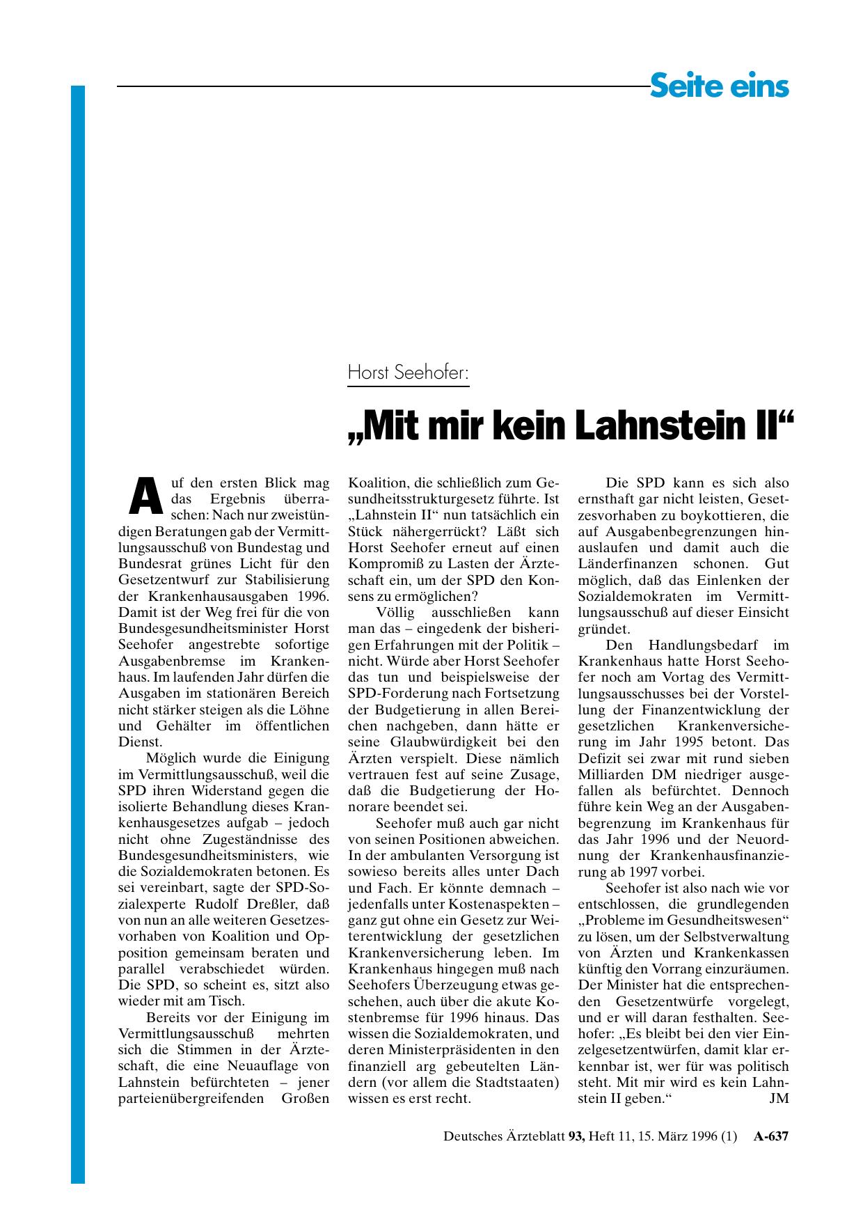 Vorschauseite 1: Horst Seehofer: „Mit mir kein Lahnstein II“