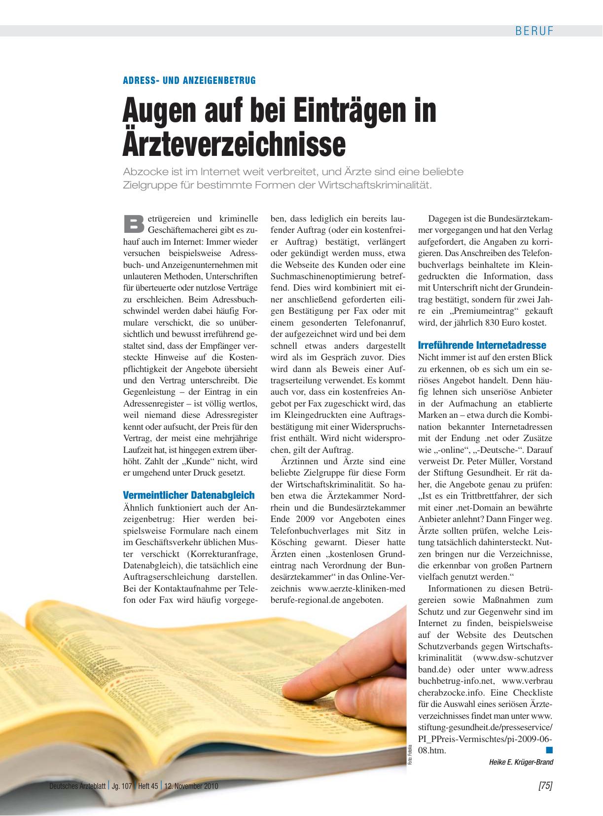 Vorschauseite 1: Adressund Anzeigenbetrug: Augen auf bei Einträgen in Ärzteverzeichnisse