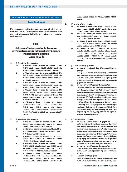 Vorschauseite 1: Artikel 1 – Änderung der Vereinbarung über die Anwendung von Psychotherapie in der vertragsärztlichen Versorgung, Artikel 2, Inkrafttreten