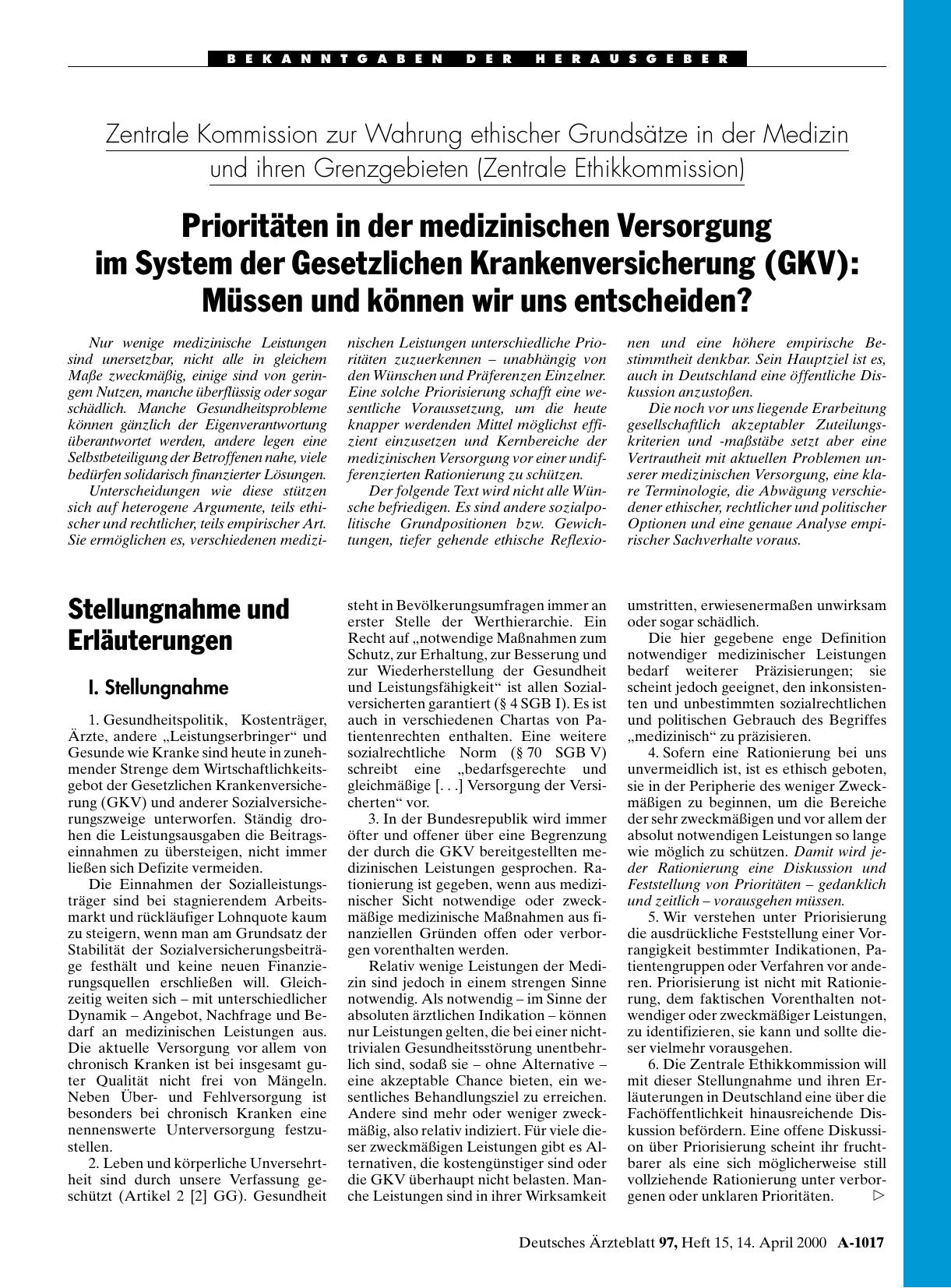 Vorschauseite 1: Zentrale Kommission zur Wahrung ethischer Grundsätze in der Medizin und ihren Grenzgebieten (Zentrale Ethikkommission) - Prioritäten in der medizinischen Versorgung im System der…