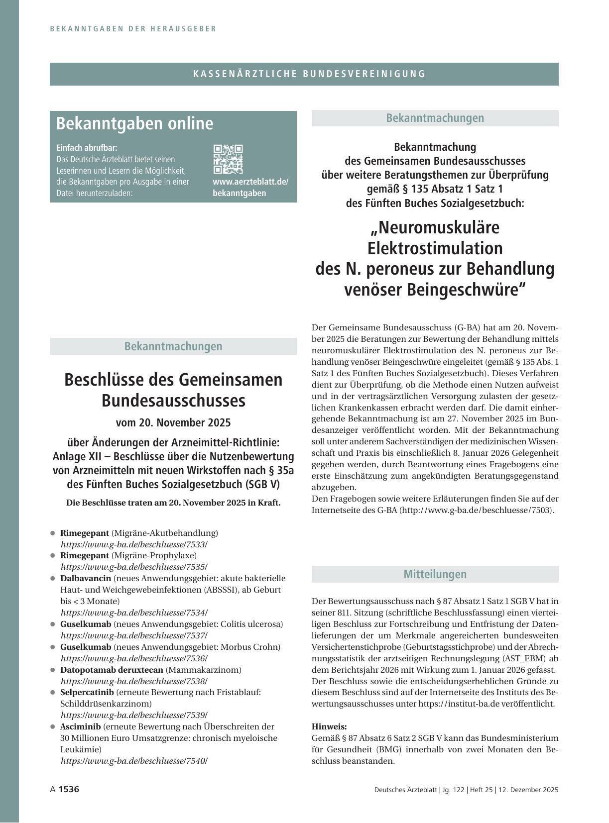 Vorschauseite 1: Bekanntmachung des Gemeinsamen Bundesausschusses über weitere Beratungsthemen zur Überprüfung gemäß § 135 Absatz 1 Satz 1 des Fünften Buches Sozialgesetzbuch: „Neuromuskuläre Elek…