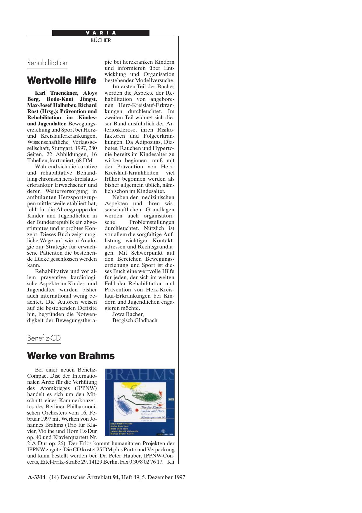 Vorschauseite 1: Benefiz-CD: Werke von Brahms