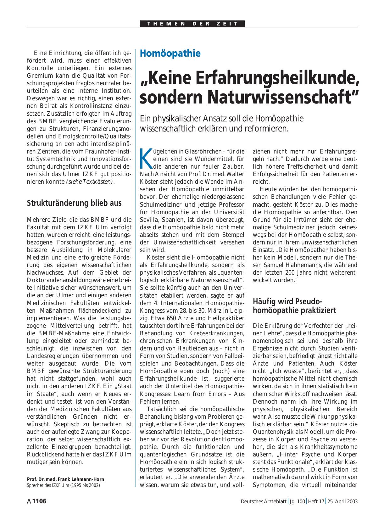 Vorschauseite 1: Homöopathie: „Keine Erfahrungsheilkunde, sondern Naturwissenschaft”