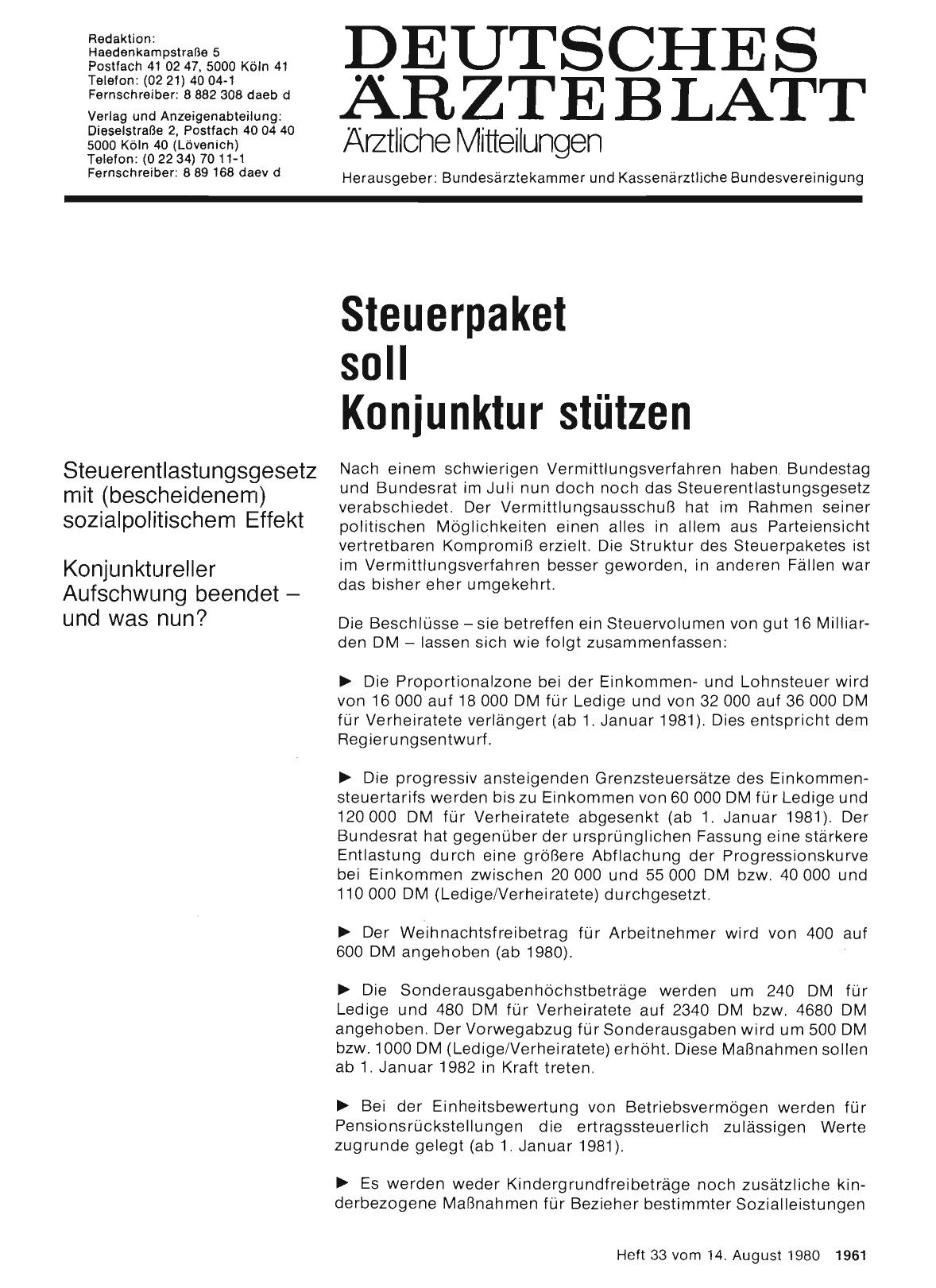 Vorschauseite 1: Steuerpaket soll Konjunktur stützen