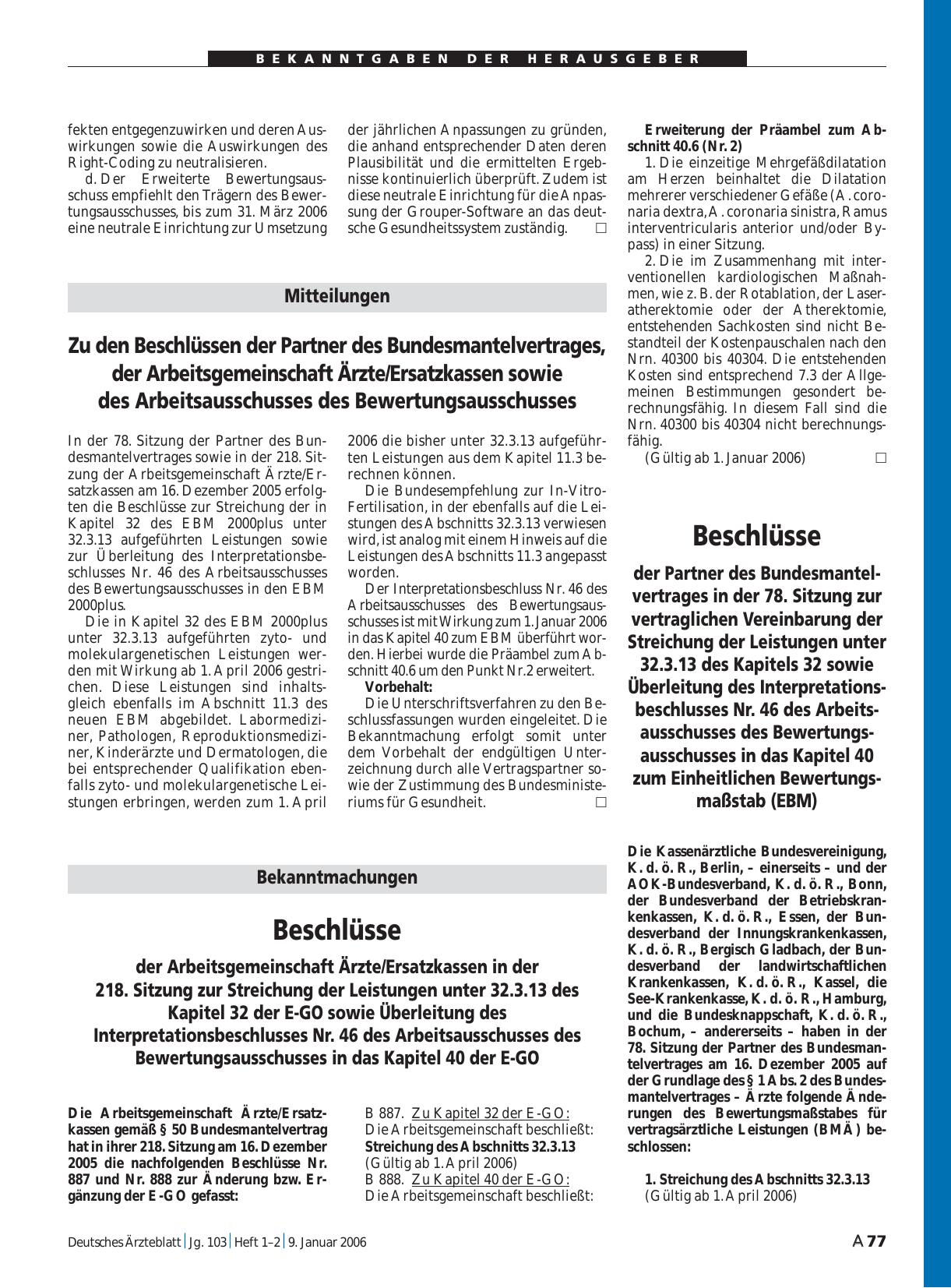 Vorschauseite 1: Mitteilungen: Zu den Beschlüssen der Partner des Bundesmantelvertrages, der Arbeitsgemeinschaft Ärzte/Ersatzkassen sowie des Arbeitsausschusses des Bewertungsausschusses