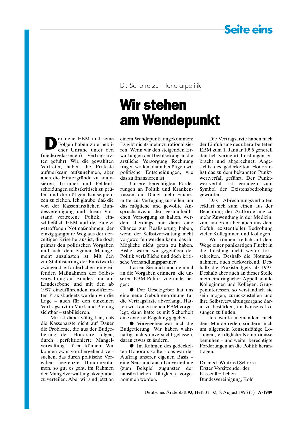 Vorschauseite 1: Dr. Schorre zur Honorarpolitik: Wir stehen am Wendepunkt