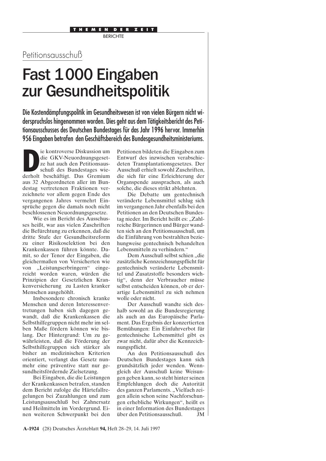 Vorschauseite 1: Petitionsausschuß: Fast 1 000 Eingaben zur Gesundheitspolitik