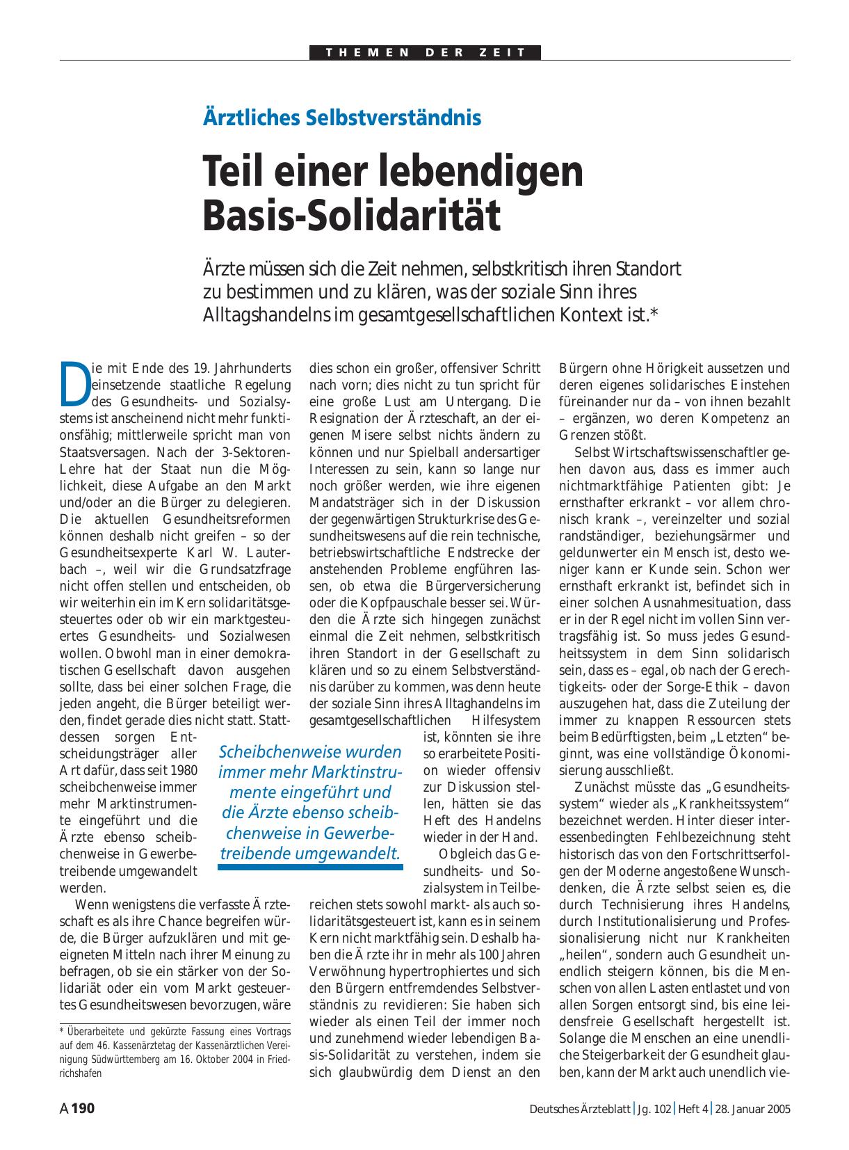 Vorschauseite 1: Ärztliches Selbstverständnis: Teil einer lebendigen Basis-Solidarität