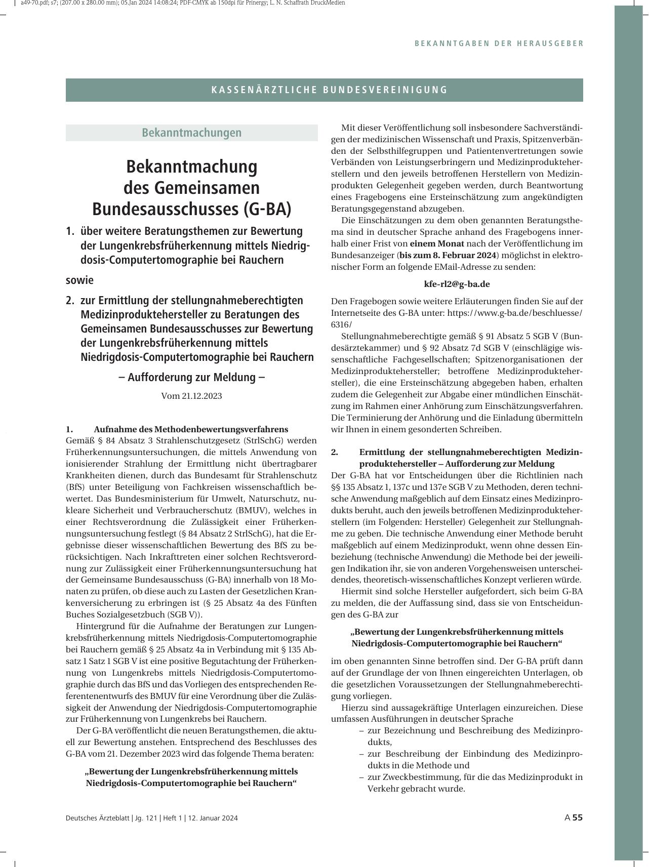 Vorschauseite 1: Bekanntmachung des Gemeinsamen Bundesausschusses (G-BA) 1. über weitere Beratungsthemen zur Bewertung der Lungenkrebsfrüherkennung mittels Niedrigdosis-Computertomographie bei Rau…
