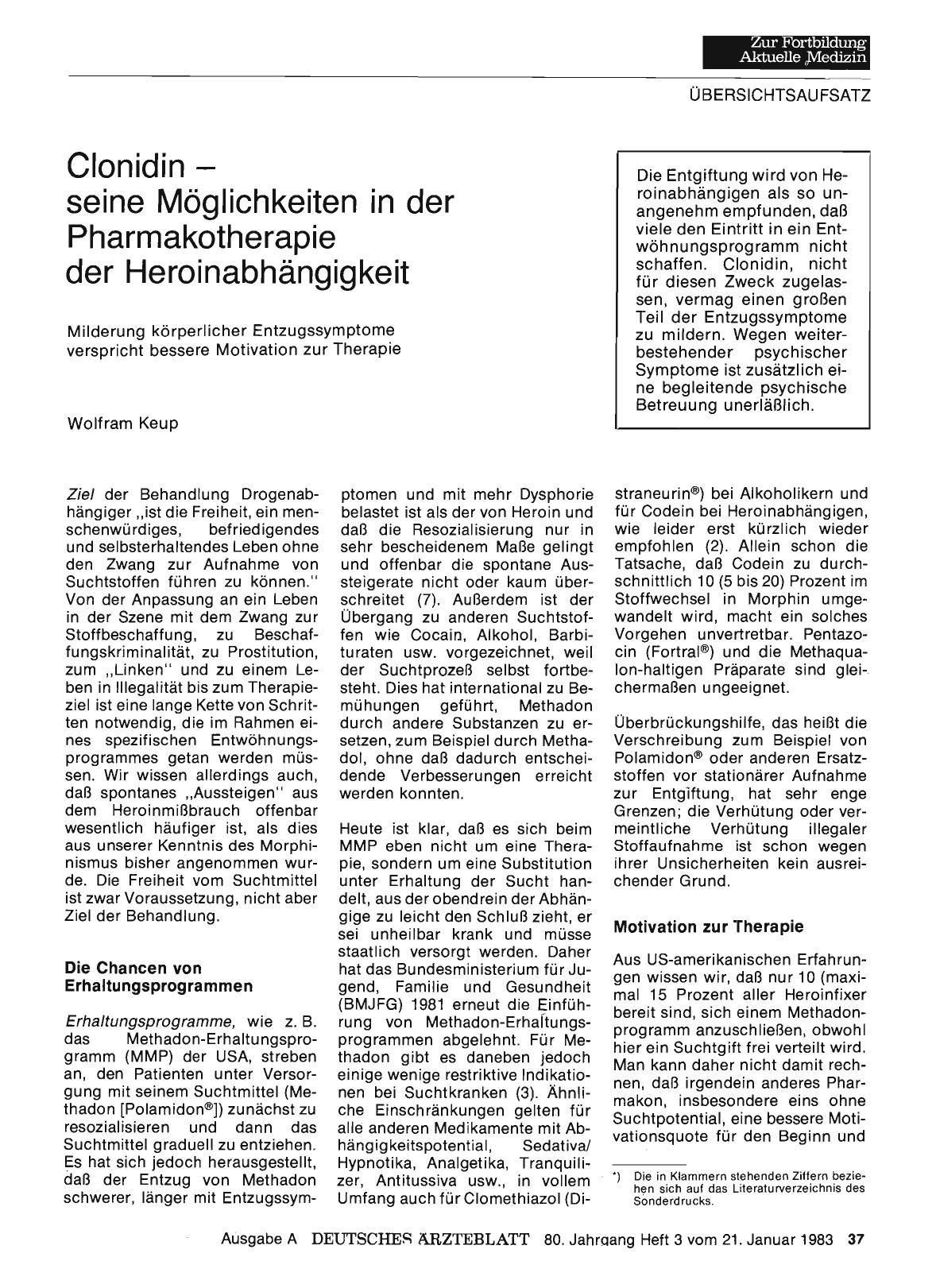 Vorschauseite 1: Clonidin — seine Möglichkeiten in der Pharmakotherapie der Heroinabhängigkeit
