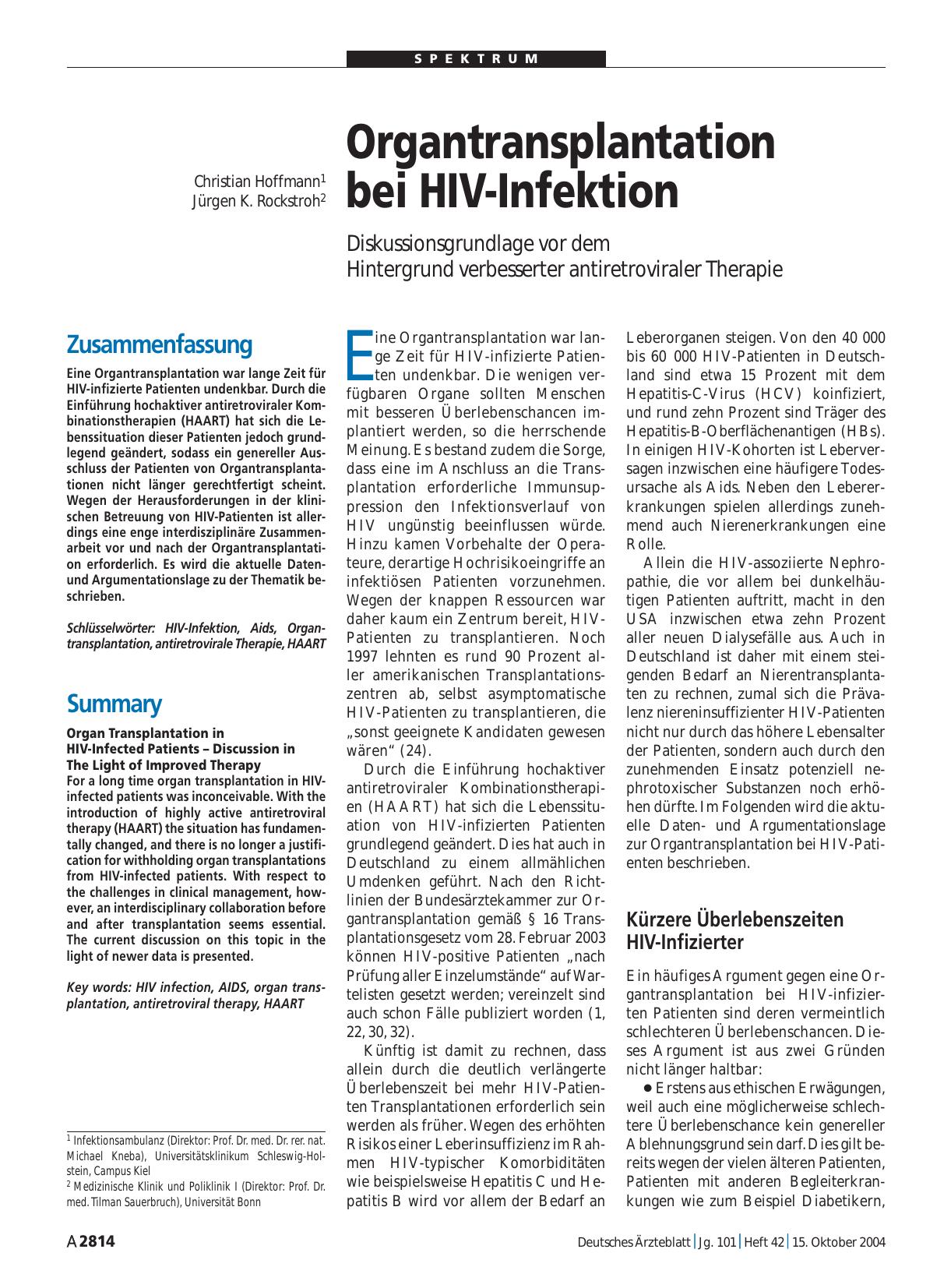Vorschauseite 1: Organtransplantation bei HIV-Infektion: Diskussionsgrundlage vor dem Hintergrund verbesserter antiretroviraler Therapie