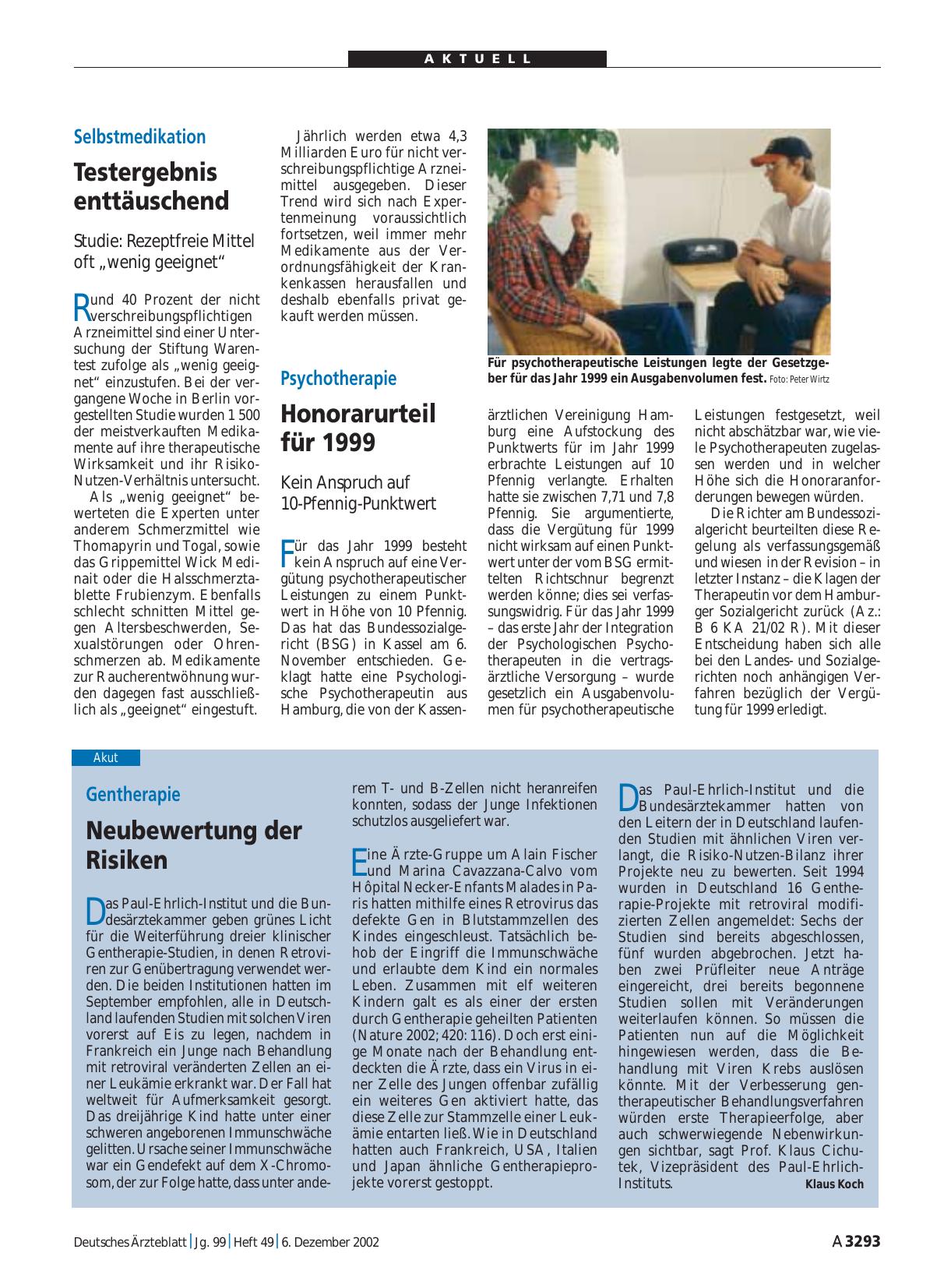 Vorschauseite 1: Psychotherapie: Honorarurteil für 1999