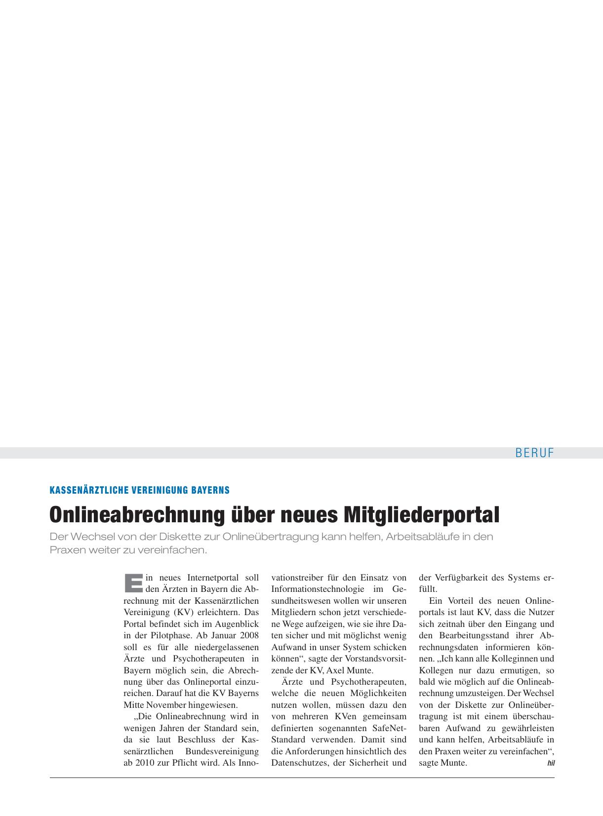 Vorschauseite 1: Kassenärztliche Vereinigung Bayerns: Onlineabrechnung über neues Mitgliederportal
