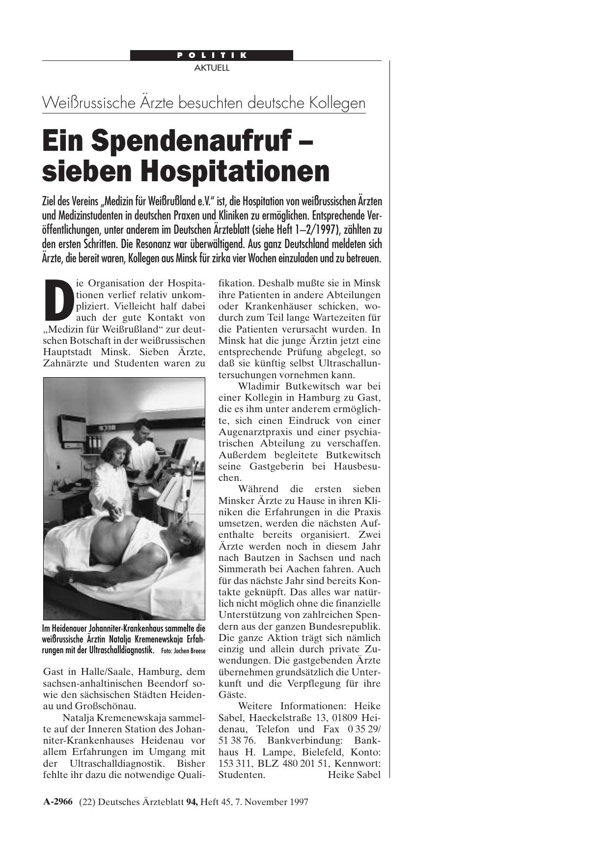 Vorschauseite 1: Weißrussische Ärzte besuchten deutsche Kollegen: Ein Spendenaufruf - sieben Hospitationen