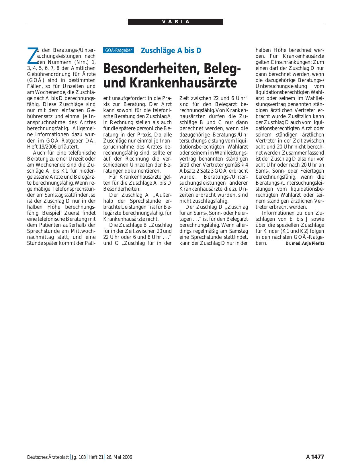Vorschauseite 1: Zuschläge A bis D: Besonderheiten, Belegund Krankenhausärzte