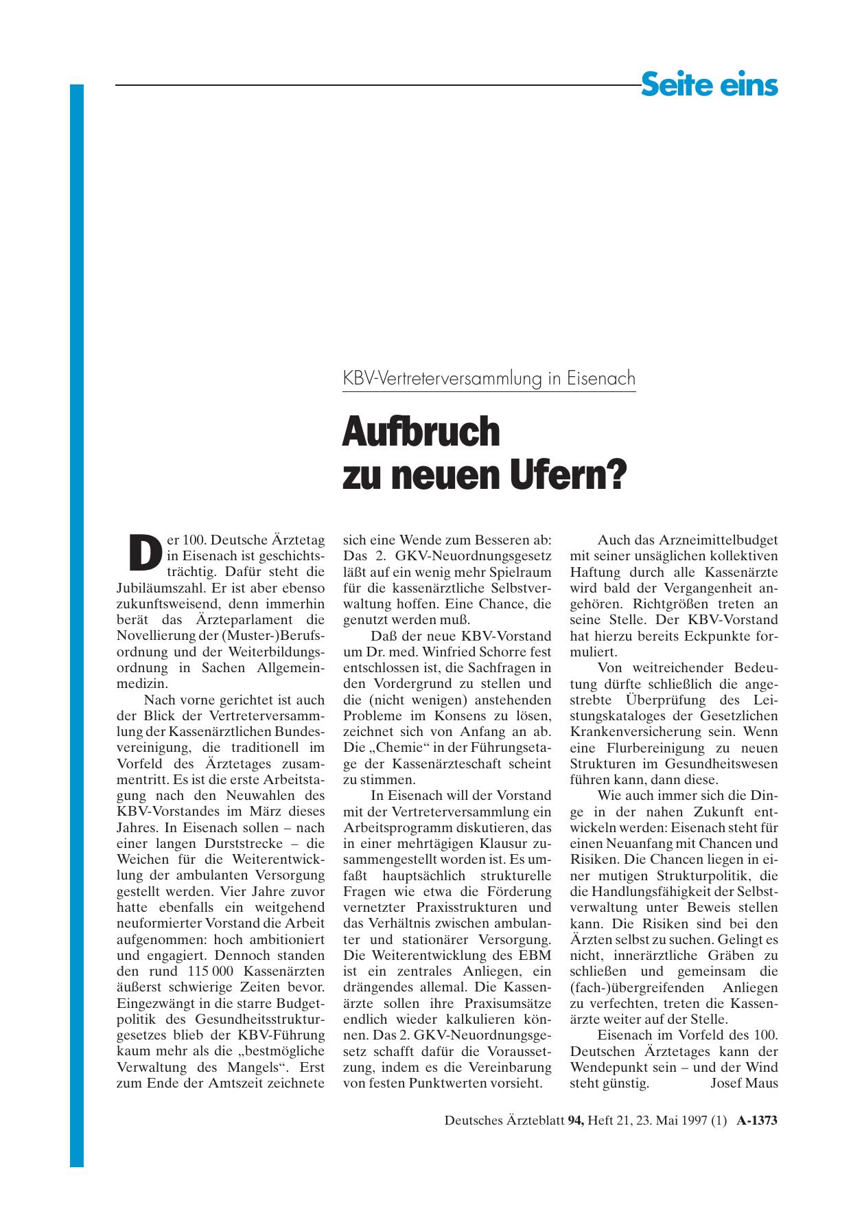 Vorschauseite 1: KBV-Vertreterversammlung in Eisenach: Aufbruch zu neuen Ufern?